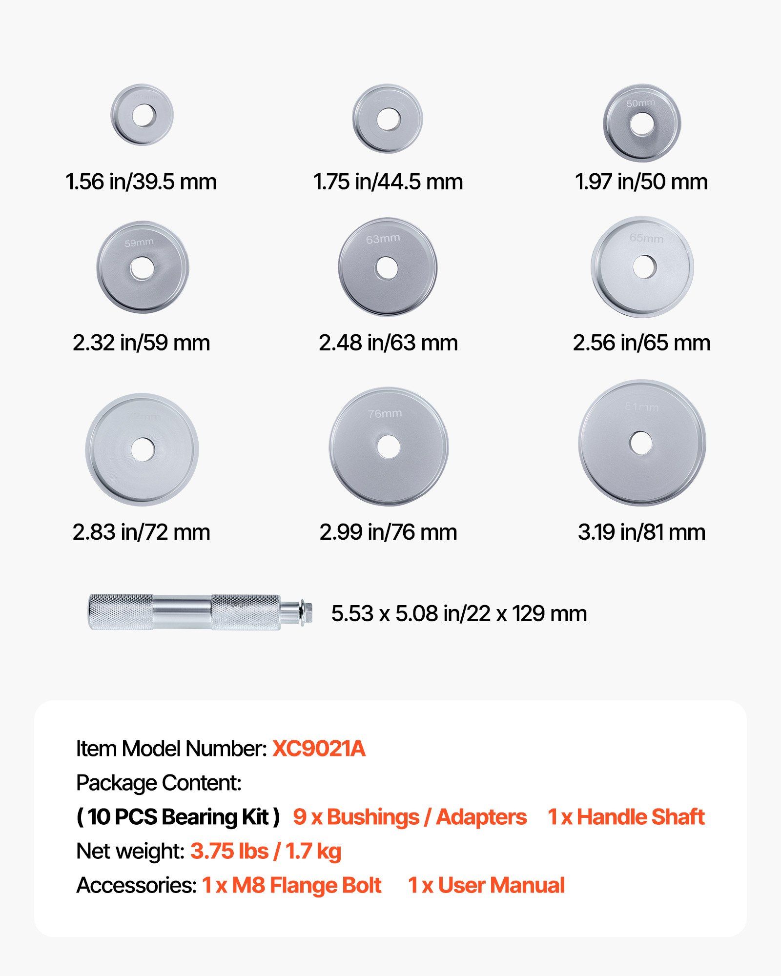 Bearing Press Kit, 10 Pcs, Bearing Race and Seal Driver Set with 9 Bushings and Handle Shaft, Bushing Driver Tool Set, Heavy Duty Aluminum Alloy Removal Installation Tool Kit with Storage Case - Image 7