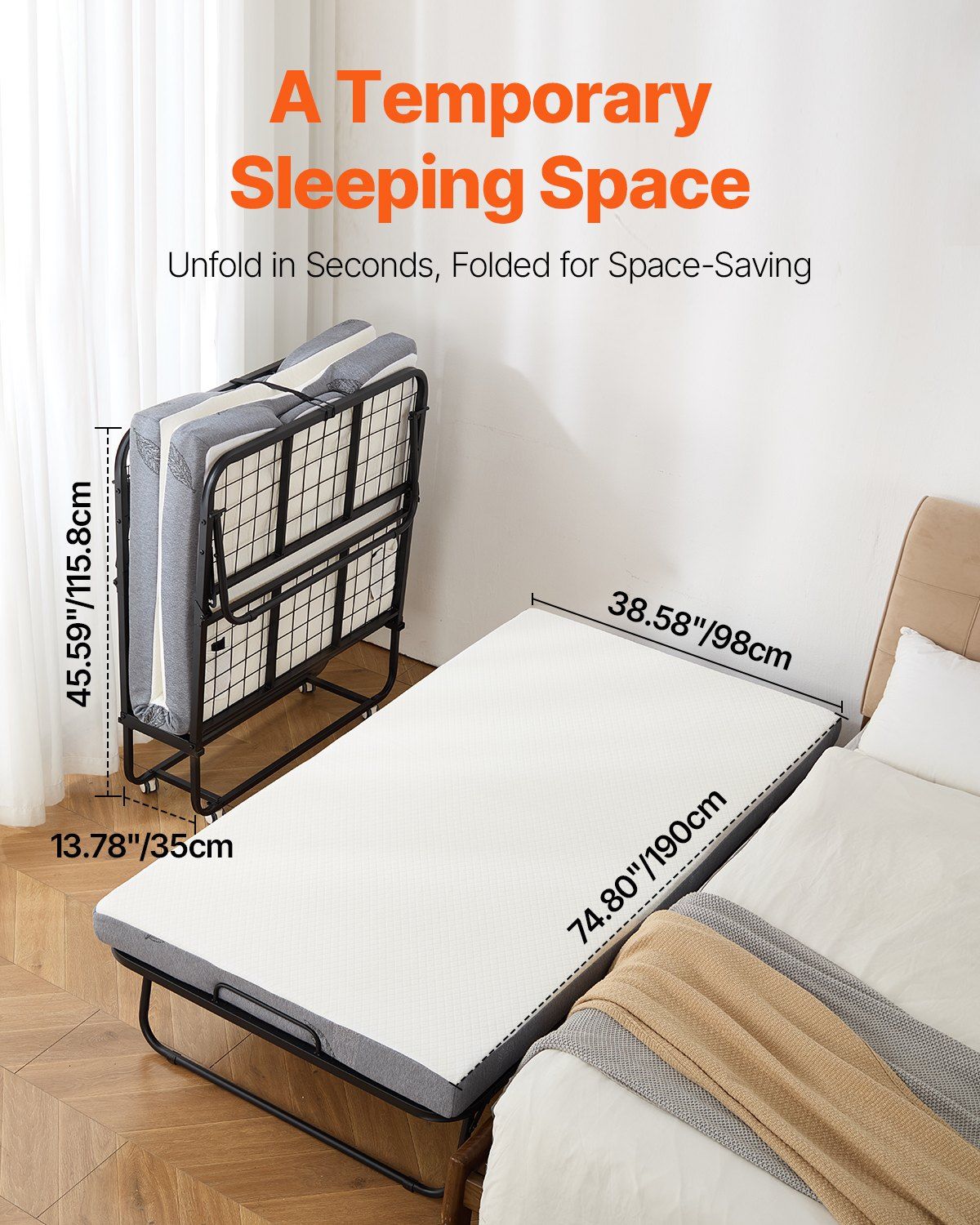 Rollaway Bed, 96.5 cm x 190 cm Folding Bed with 10 cm Mattress, Twin Size Foldable Bed with Sturdy Metal Frame & Memory Foam Mattress, Portable Roll Away Bed with Mattress, for Adults, Guest - Image 2