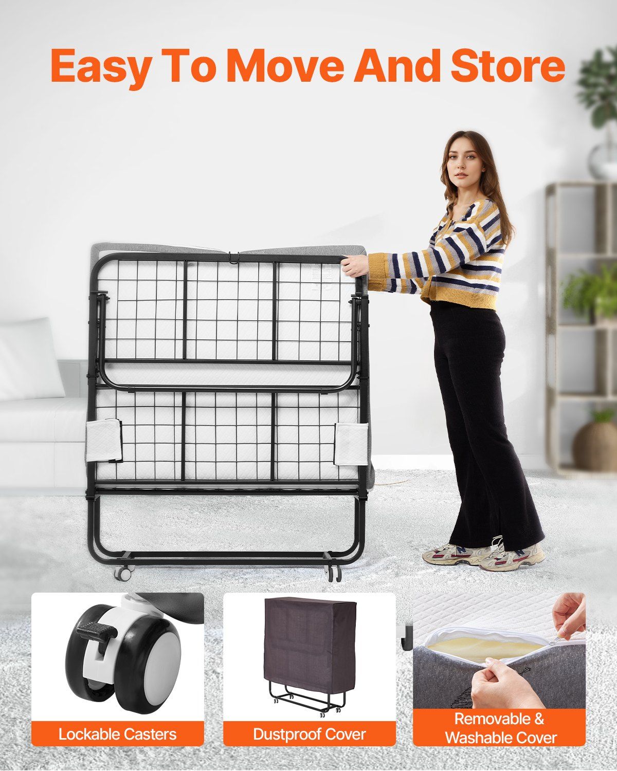 Rollaway Bed, 96.5 cm x 190 cm Folding Bed with 10 cm Mattress, Twin Size Foldable Bed with Sturdy Metal Frame & Memory Foam Mattress, Portable Roll Away Bed with Mattress, for Adults, Guest - Image 5