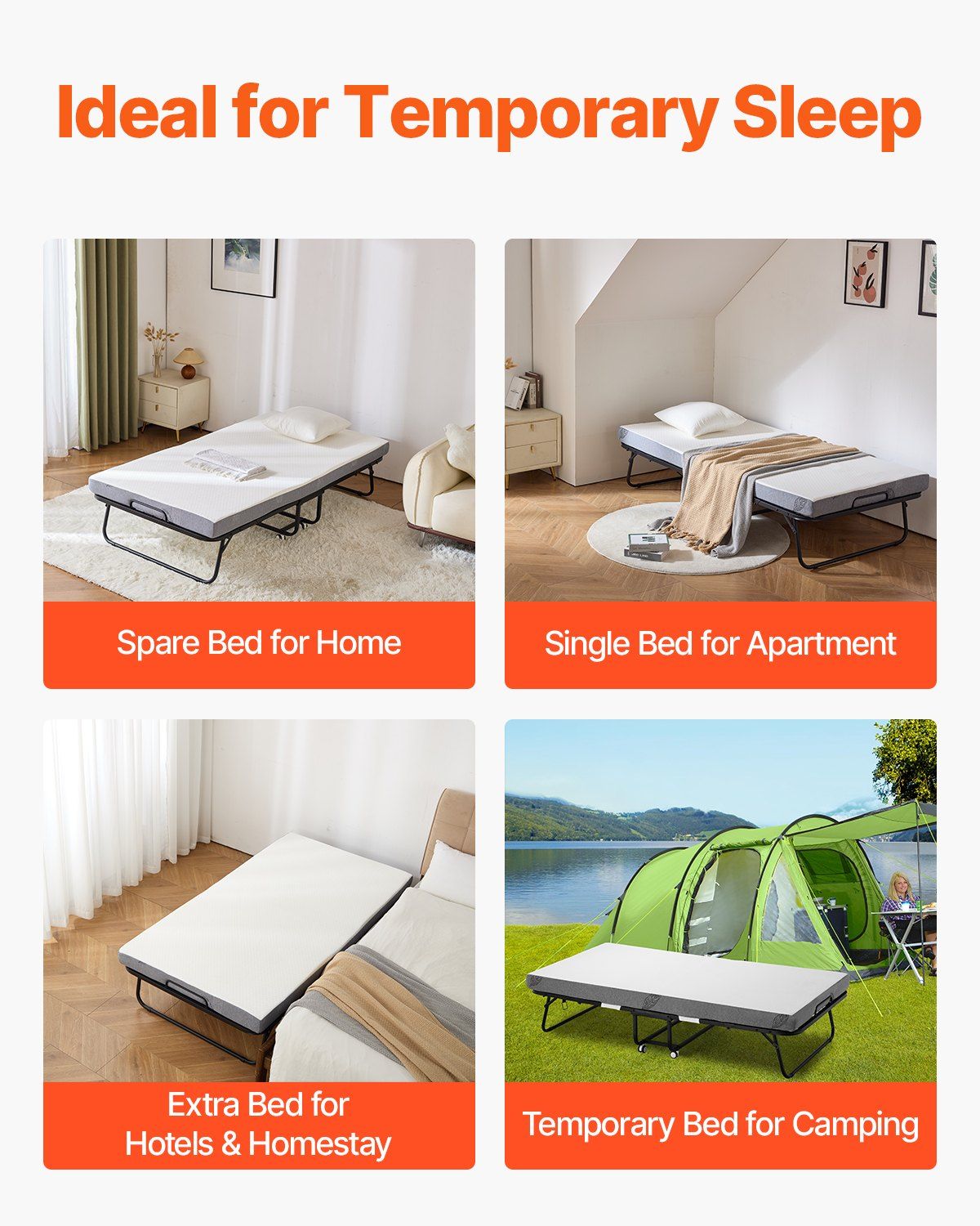 Rollaway Bed, 96.5 cm x 190 cm Folding Bed with 10 cm Mattress, Twin Size Foldable Bed with Sturdy Metal Frame & Memory Foam Mattress, Portable Roll Away Bed with Mattress, for Adults, Guest - Image 6