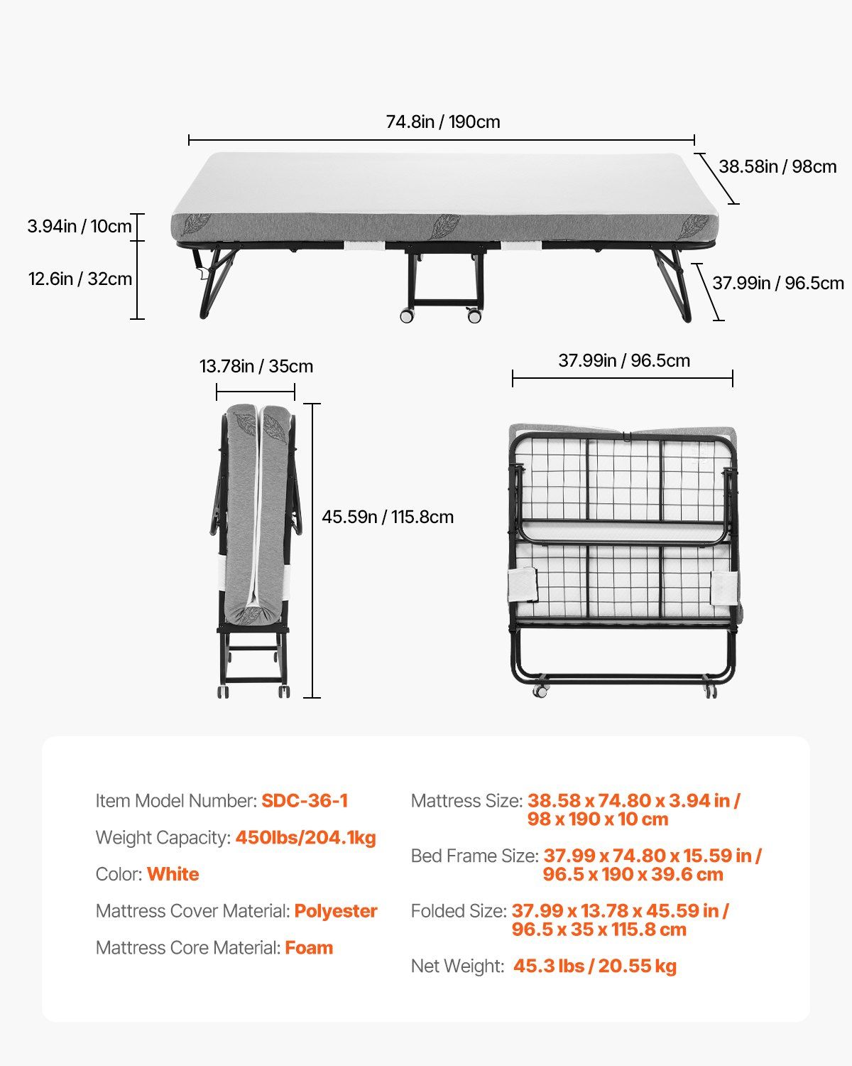 Rollaway Bed, 96.5 cm x 190 cm Folding Bed with 10 cm Mattress, Twin Size Foldable Bed with Sturdy Metal Frame & Memory Foam Mattress, Portable Roll Away Bed with Mattress, for Adults, Guest - Image 7