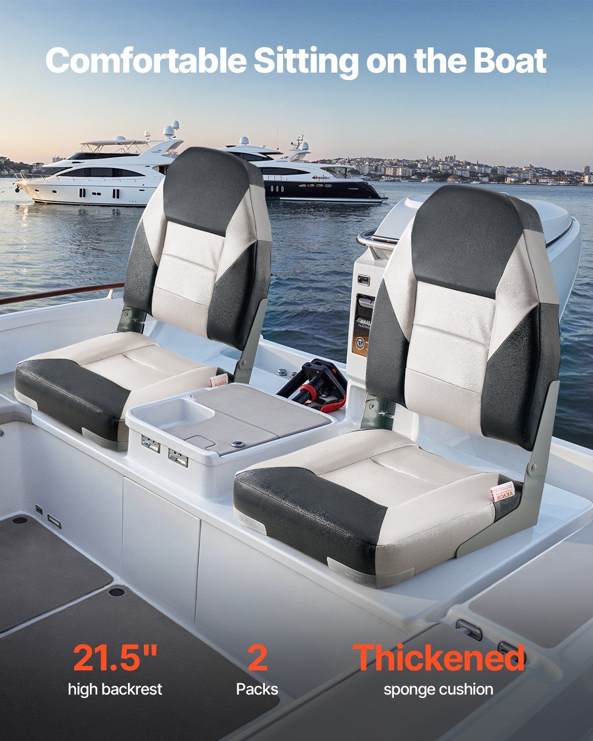 Boat Seat, High Backrest, Folding Fishing Boat Seat with Thickened Sponge Cushion & Waterproof PVC Leather, Aluminum Alloy Hinges, Flip Up Boat Seat for Boats, Yachts, Ships, Black & Grey - Image 2