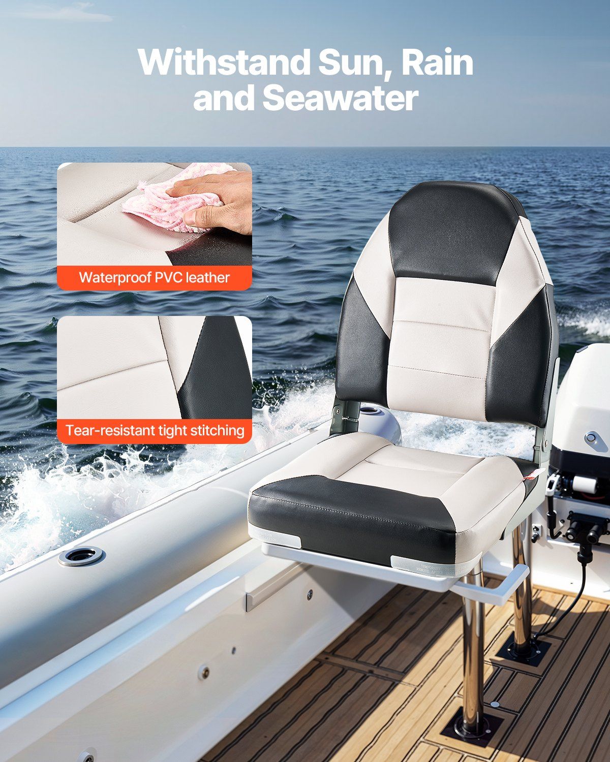 Boat Seat, High Backrest, Folding Fishing Boat Seat with Thickened Sponge Cushion & Waterproof PVC Leather, Aluminum Alloy Hinges, Flip Up Boat Seat for Boats, Yachts, Ships, Black & Grey - Image 3
