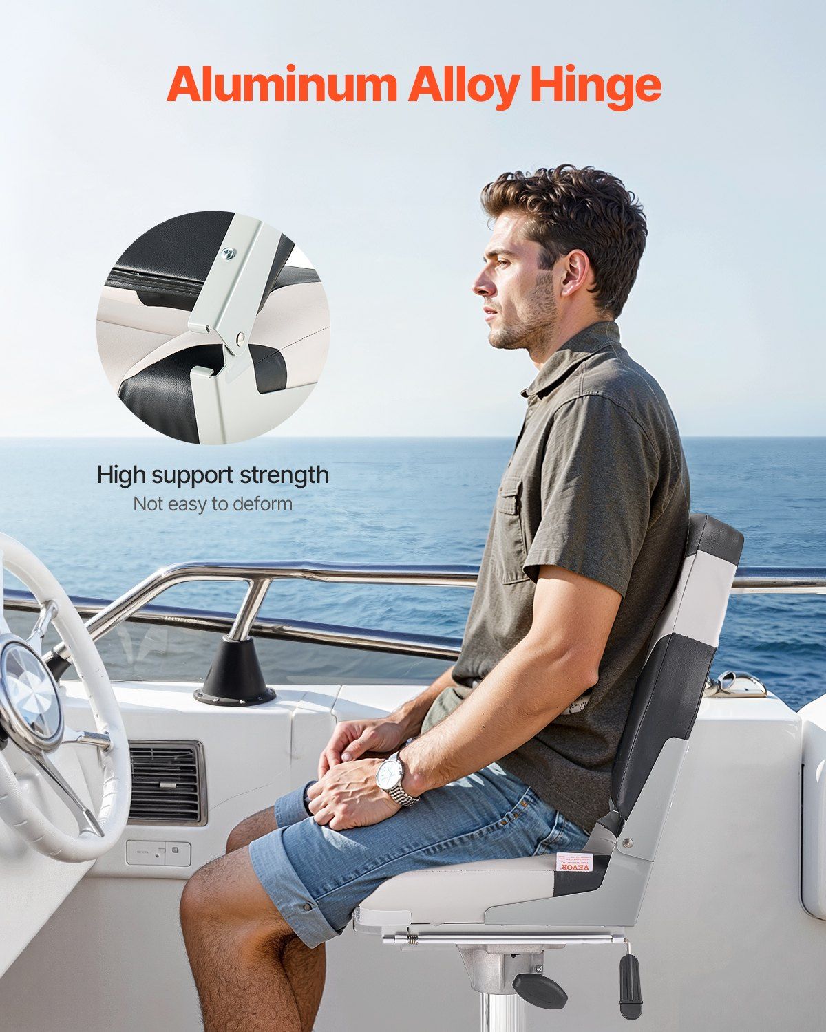 Boat Seat, High Backrest, Folding Fishing Boat Seat with Thickened Sponge Cushion & Waterproof PVC Leather, Aluminum Alloy Hinges, Flip Up Boat Seat for Boats, Yachts, Ships, Black & Grey - Image 4