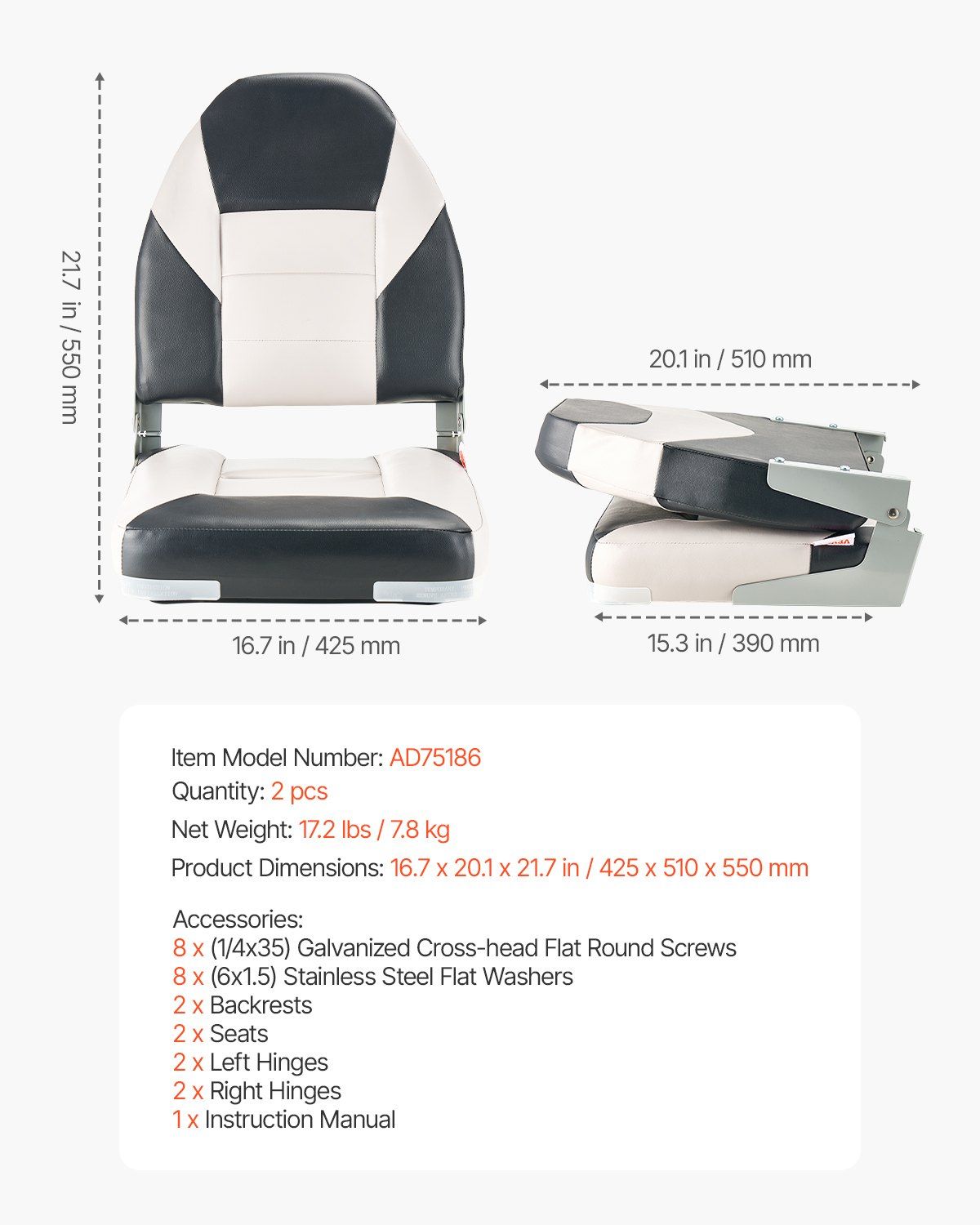 Boat Seat, High Backrest, Folding Fishing Boat Seat with Thickened Sponge Cushion & Waterproof PVC Leather, Aluminum Alloy Hinges, Flip Up Boat Seat for Boats, Yachts, Ships, Black & Grey - Image 7