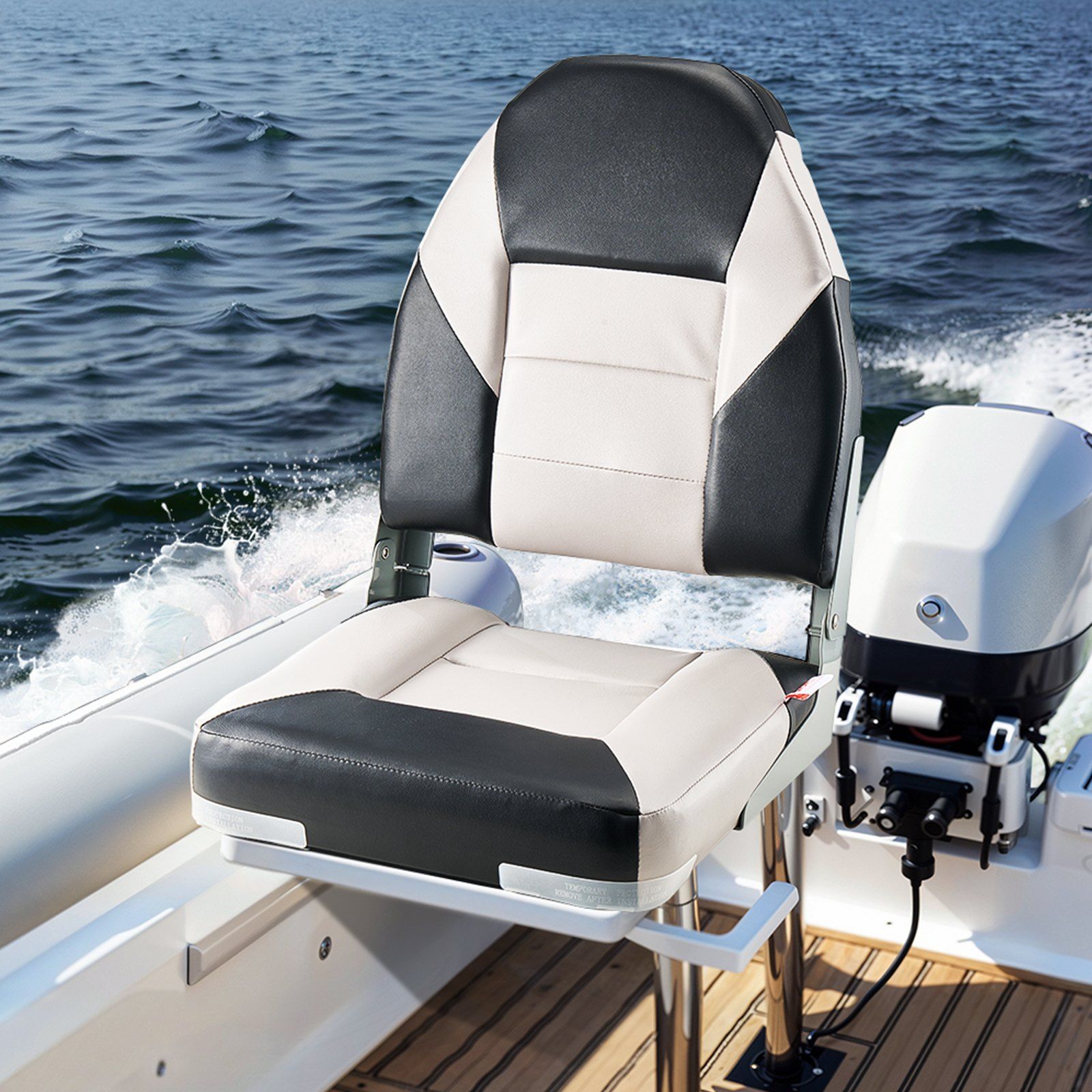 Boat Seat, High Backrest, Folding Fishing Boat Seat with Thickened Sponge Cushion & Waterproof PVC Leather, Aluminum Alloy Hinges, Flip Up Boat Seat for Boats, Yachts, Ships, Black & Grey - Image 8