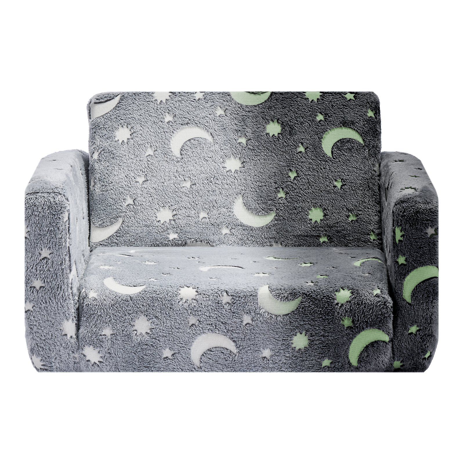 2-in-1 Kids Sofa, Foldable Toddler Soft Couch with Armrests, Glow in the Dark Kids Couch Fold Out with 28D Sponge & Flannel, Convertible Toddler Chair to Lounger for Reading and Gaming, M, Gray - Image 1
