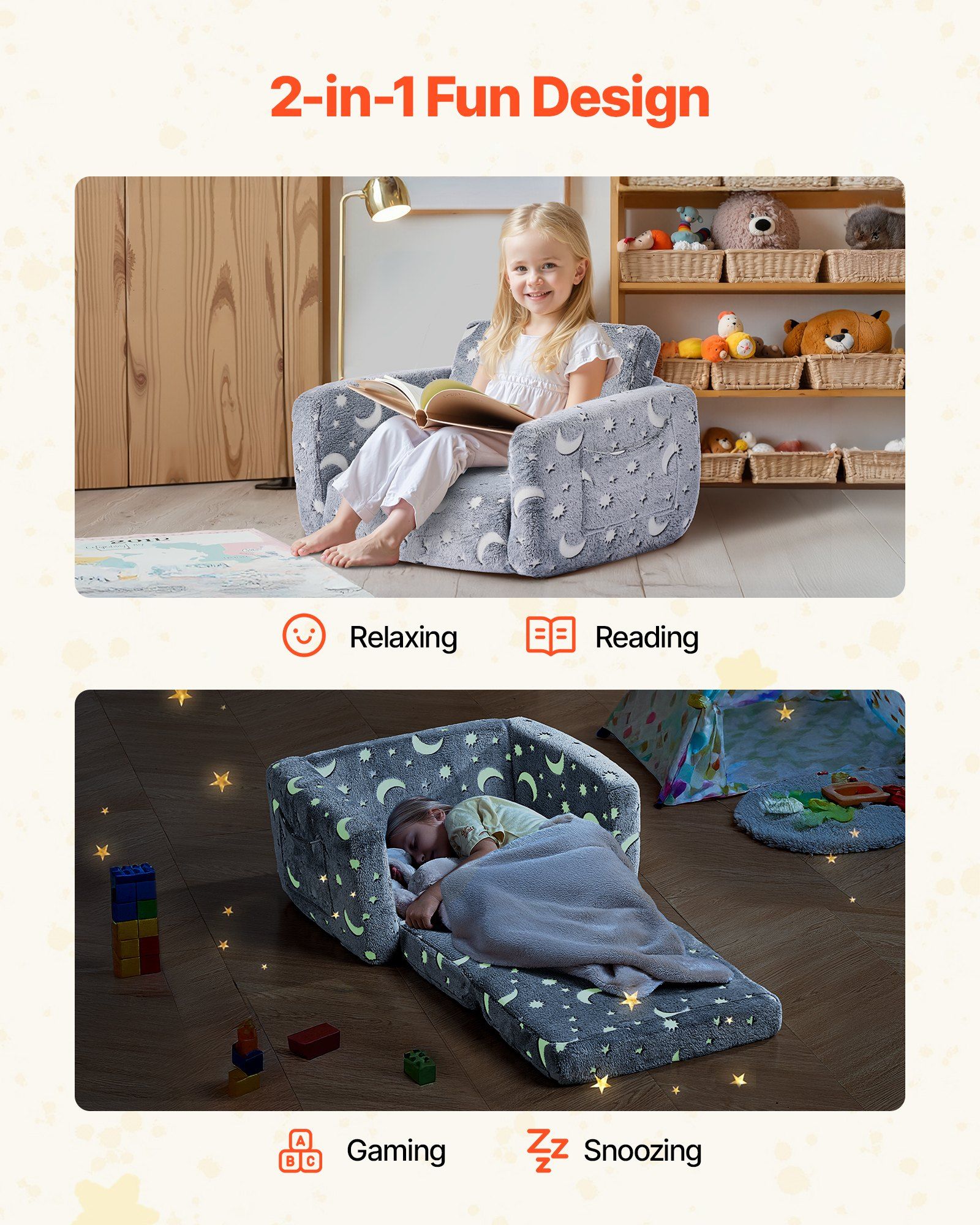 2-in-1 Kids Sofa, Foldable Toddler Soft Couch with Armrests, Glow in the Dark Kids Couch Fold Out with 28D Sponge & Flannel, Convertible Toddler Chair to Lounger for Reading and Gaming, M, Gray - Image 2