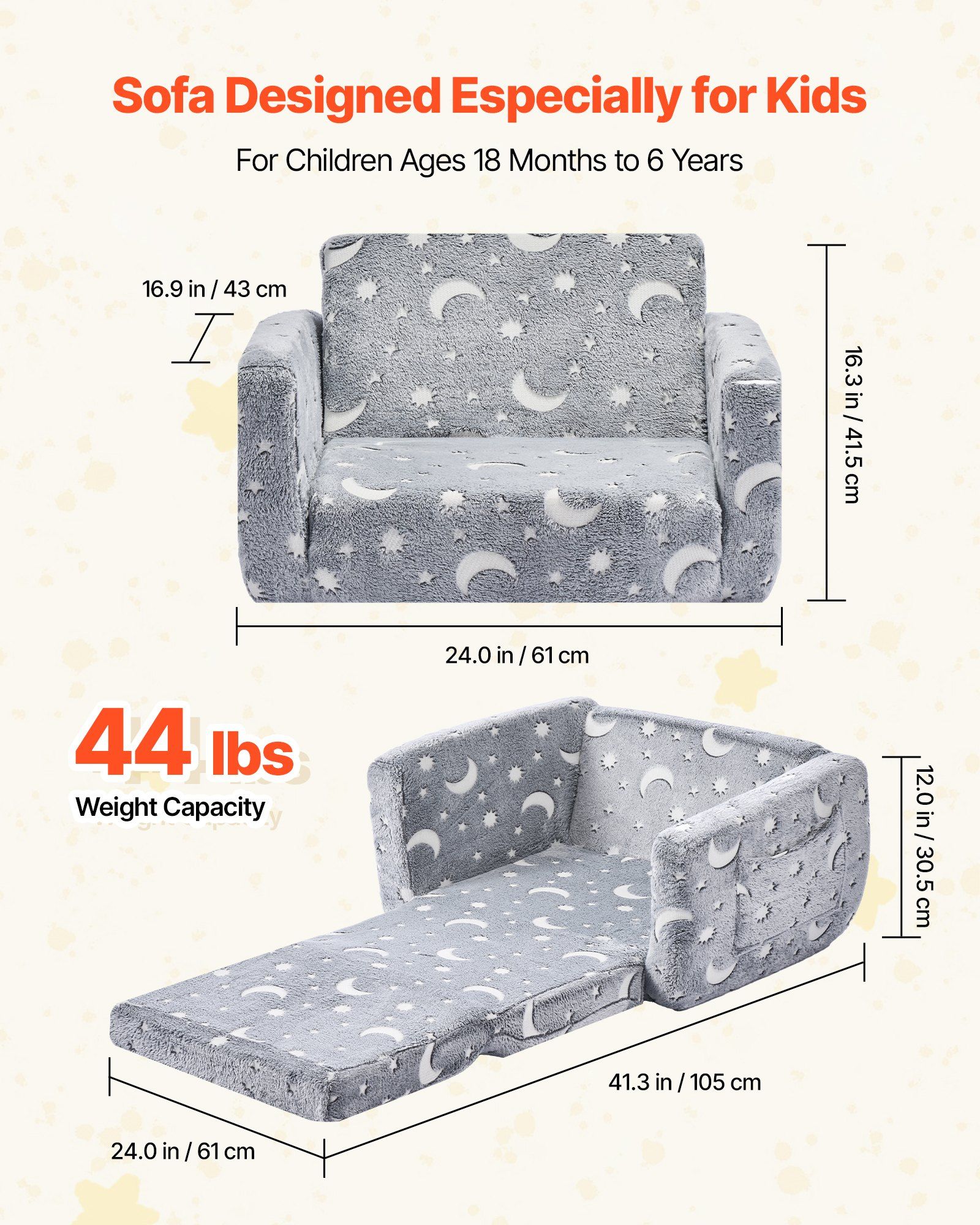 2-in-1 Kids Sofa, Foldable Toddler Soft Couch with Armrests, Glow in the Dark Kids Couch Fold Out with 28D Sponge & Flannel, Convertible Toddler Chair to Lounger for Reading and Gaming, M, Gray - Image 3