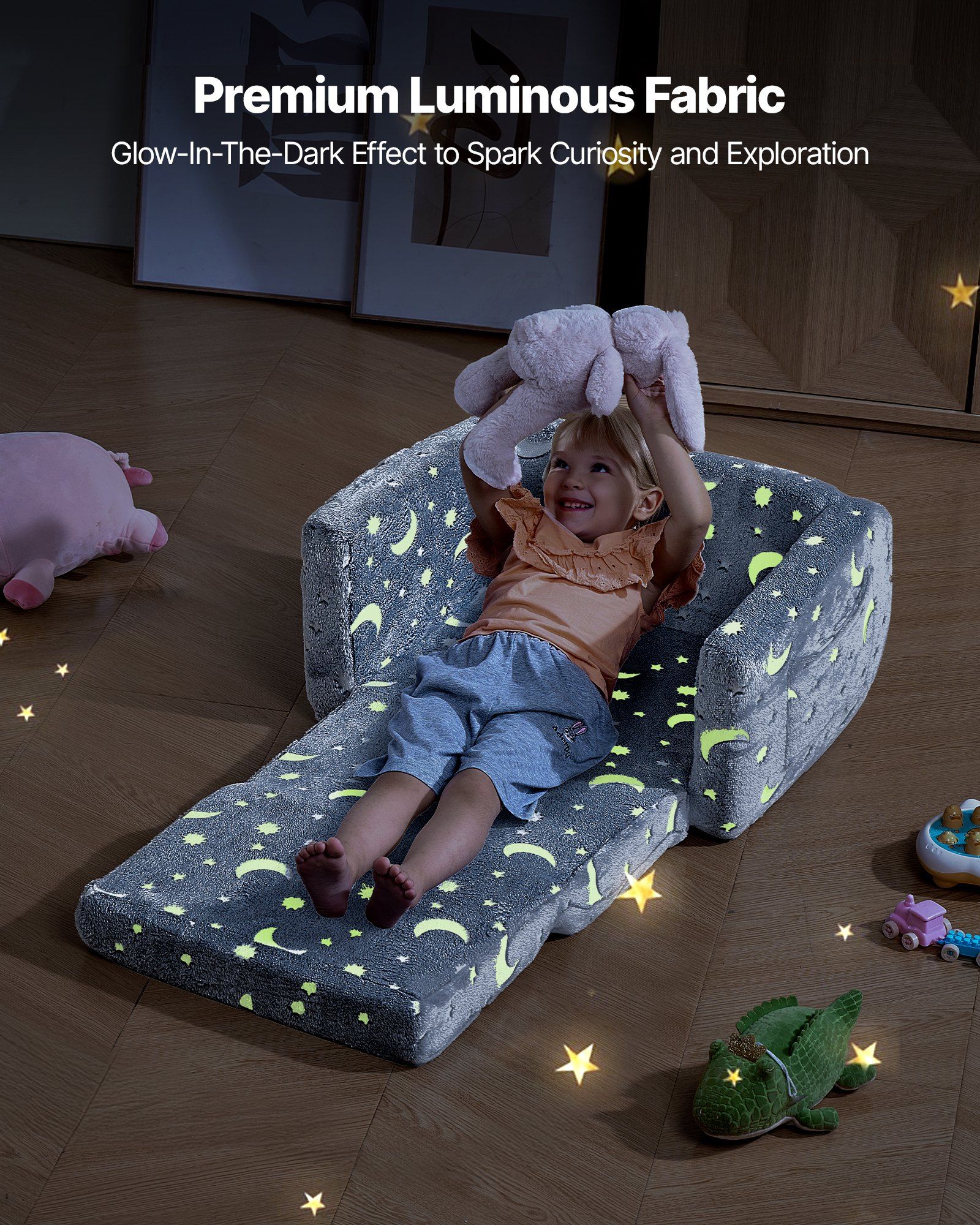 2-in-1 Kids Sofa, Foldable Toddler Soft Couch with Armrests, Glow in the Dark Kids Couch Fold Out with 28D Sponge & Flannel, Convertible Toddler Chair to Lounger for Reading and Gaming, M, Gray - Image 4