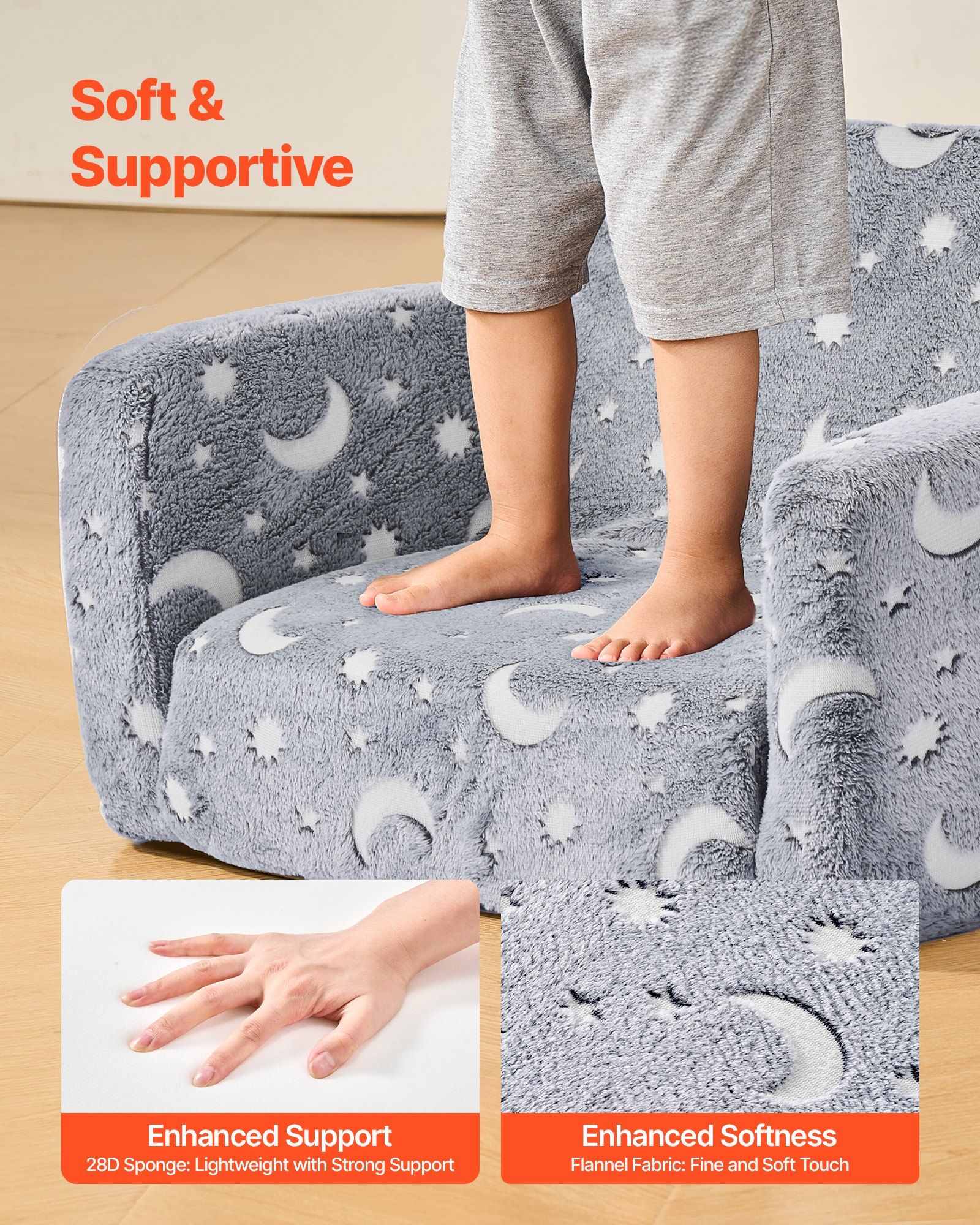 2-in-1 Kids Sofa, Foldable Toddler Soft Couch with Armrests, Glow in the Dark Kids Couch Fold Out with 28D Sponge & Flannel, Convertible Toddler Chair to Lounger for Reading and Gaming, M, Gray - Image 5