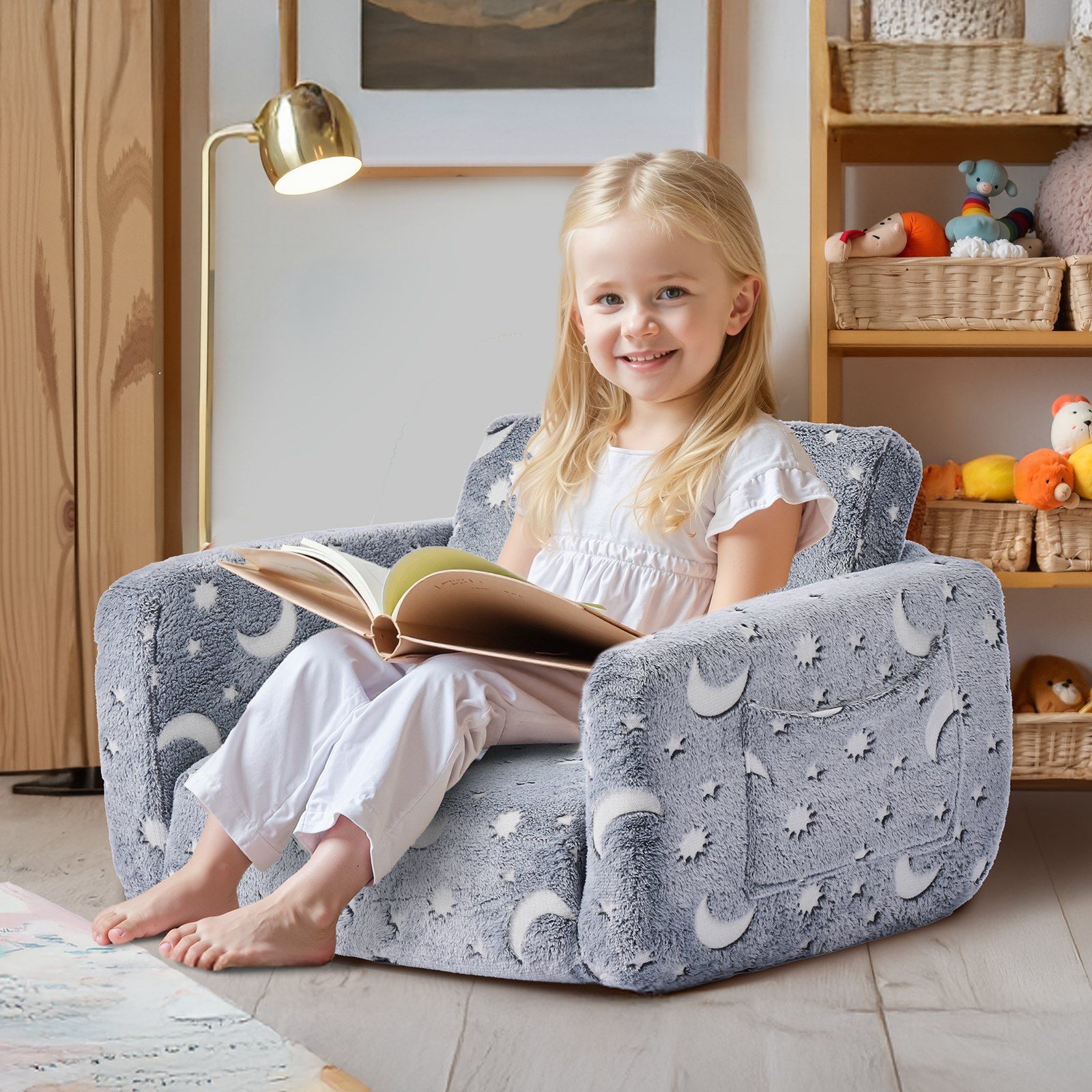2-in-1 Kids Sofa, Foldable Toddler Soft Couch with Armrests, Glow in the Dark Kids Couch Fold Out with 28D Sponge & Flannel, Convertible Toddler Chair to Lounger for Reading and Gaming, M, Gray - Image 8