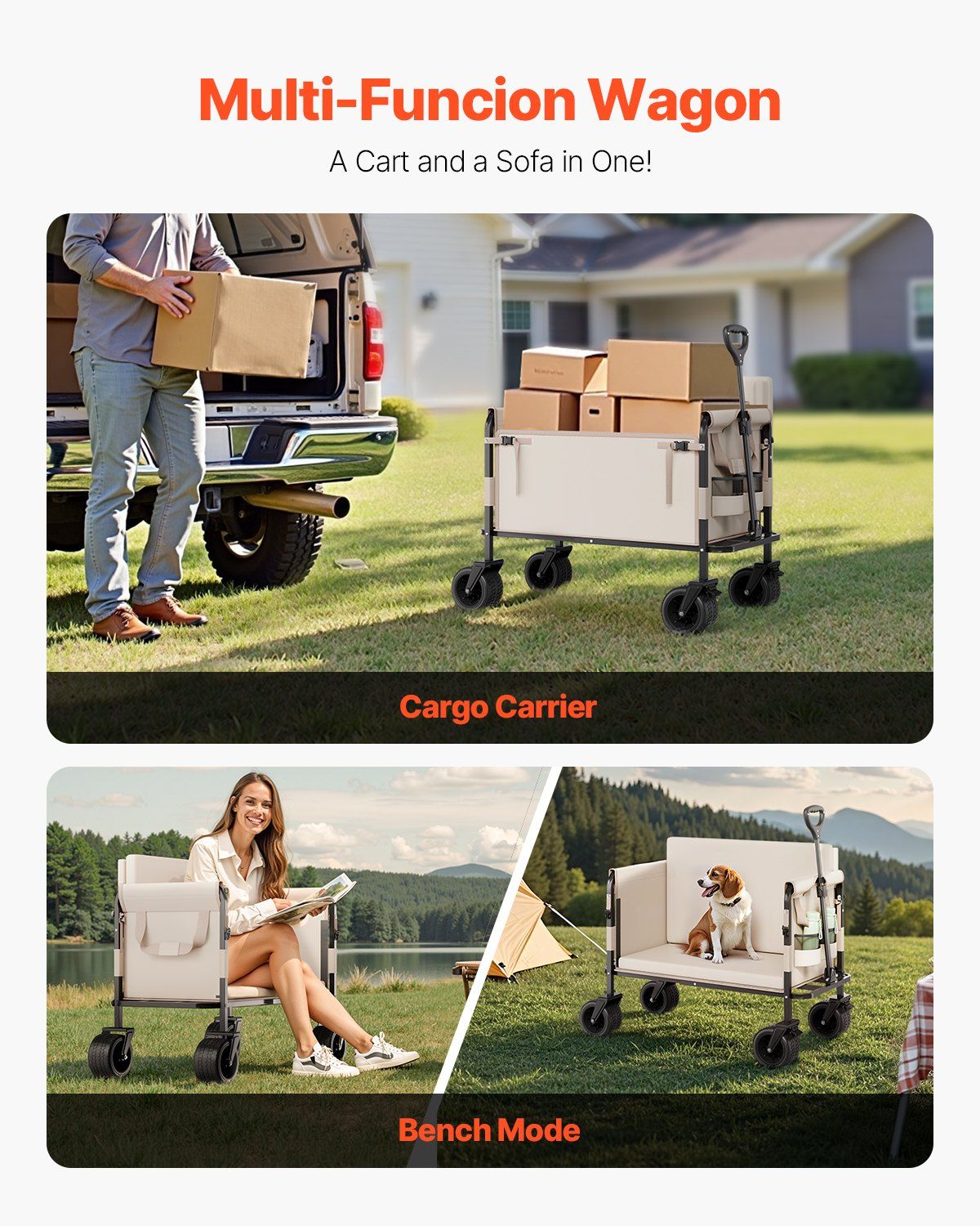 Collapsible Folding Wagon, 550lb Load & 220L, 2 in 1 Foldable Wagon Cart Converts to Bench, Utility Wagon with Adjustable Handle, Outdoor Cart for Groceries Shopping, Camping, Gardening - Image 2