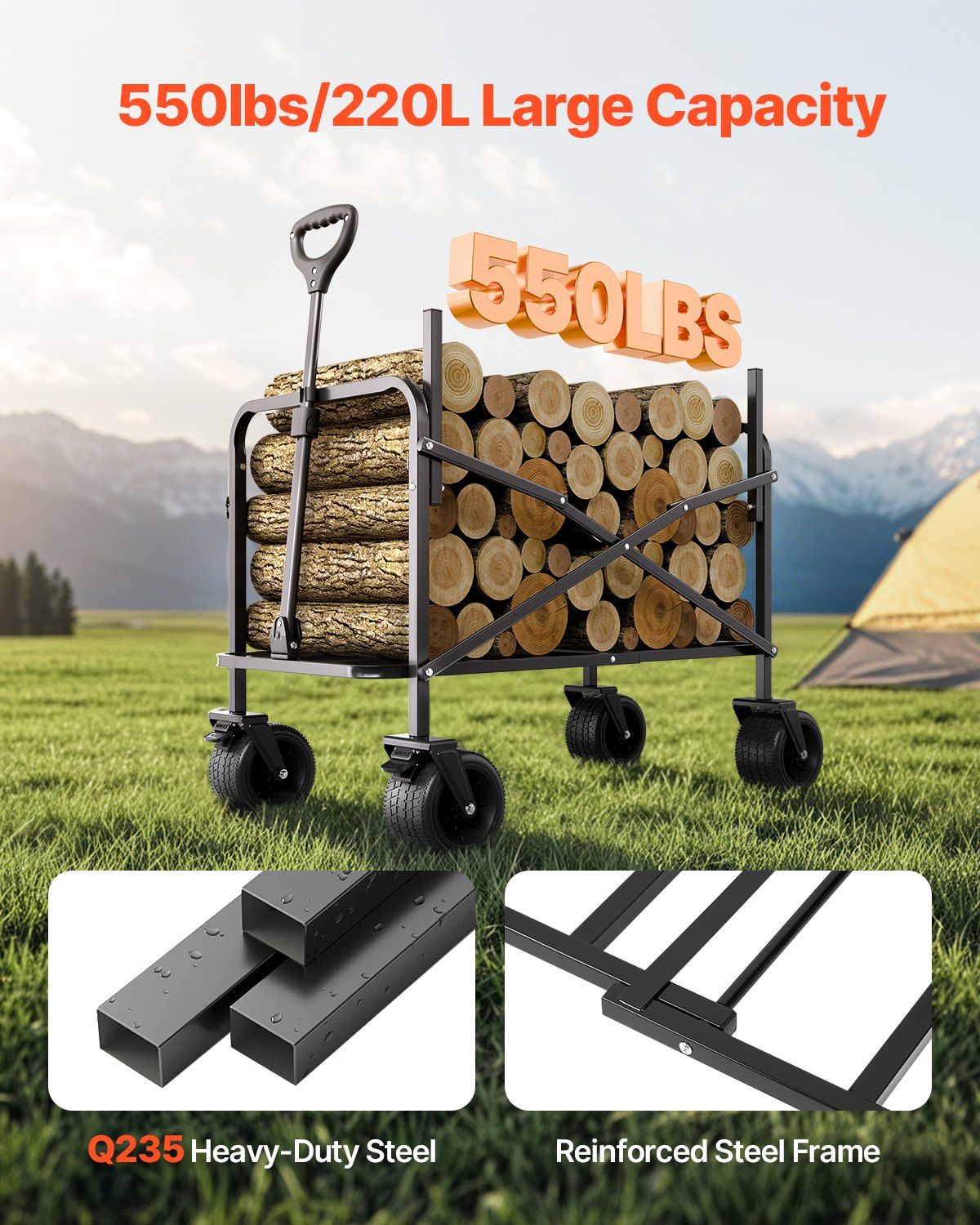 Collapsible Folding Wagon, 550lb Load & 220L, 2 in 1 Foldable Wagon Cart Converts to Bench, Utility Wagon with Adjustable Handle, Outdoor Cart for Groceries Shopping, Camping, Gardening - Image 4