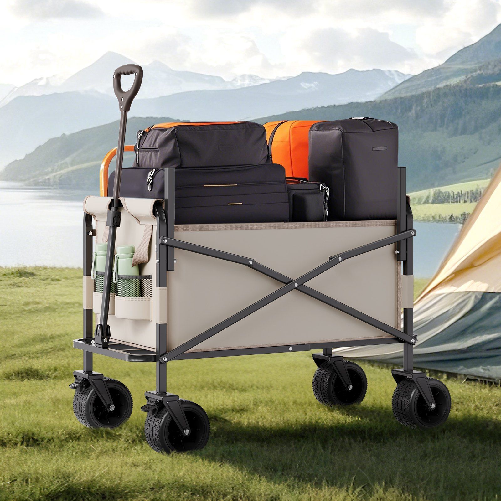 Collapsible Folding Wagon, 550lb Load & 220L, 2 in 1 Foldable Wagon Cart Converts to Bench, Utility Wagon with Adjustable Handle, Outdoor Cart for Groceries Shopping, Camping, Gardening - Image 8