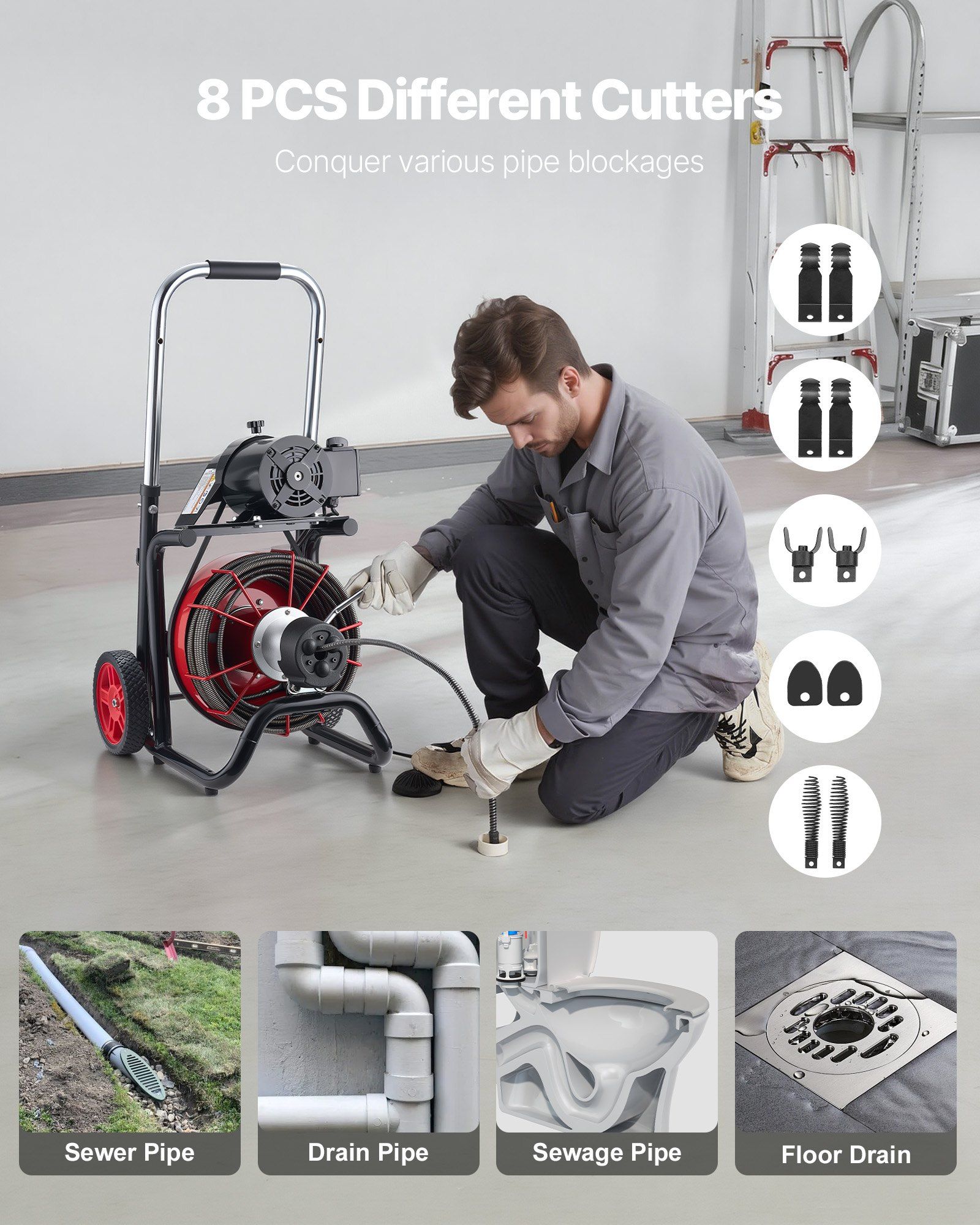 Drain Cleaner Machine 30m x 10.5mm, Auto Feed Sewer Snake Auger on Wheels - with 8 Cutters & Air-Activated Foot Switch for 50mm to 100mm Pipes - Image 5