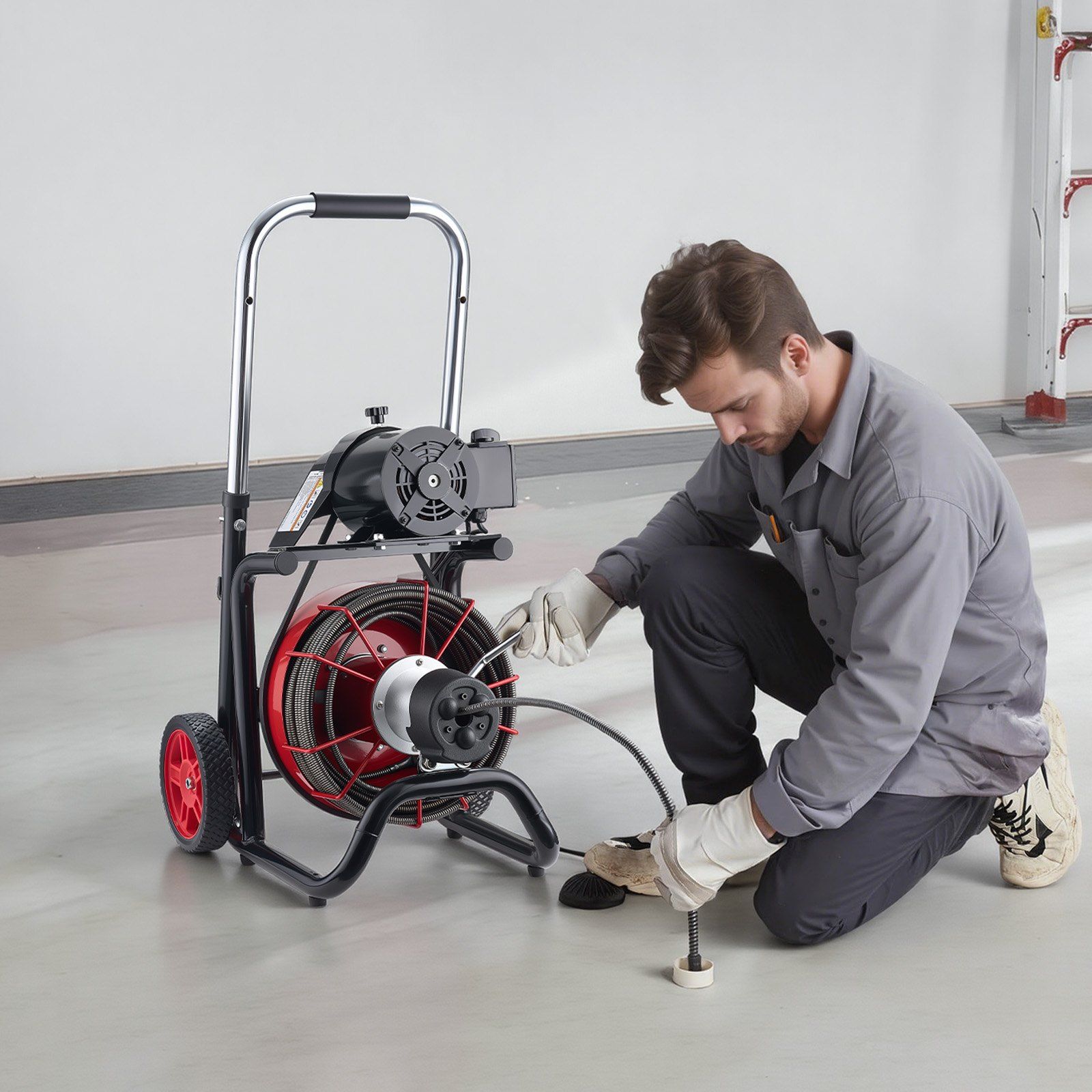Drain Cleaner Machine 30m x 10.5mm, Auto Feed Sewer Snake Auger on Wheels - with 8 Cutters & Air-Activated Foot Switch for 50mm to 100mm Pipes - Image 8