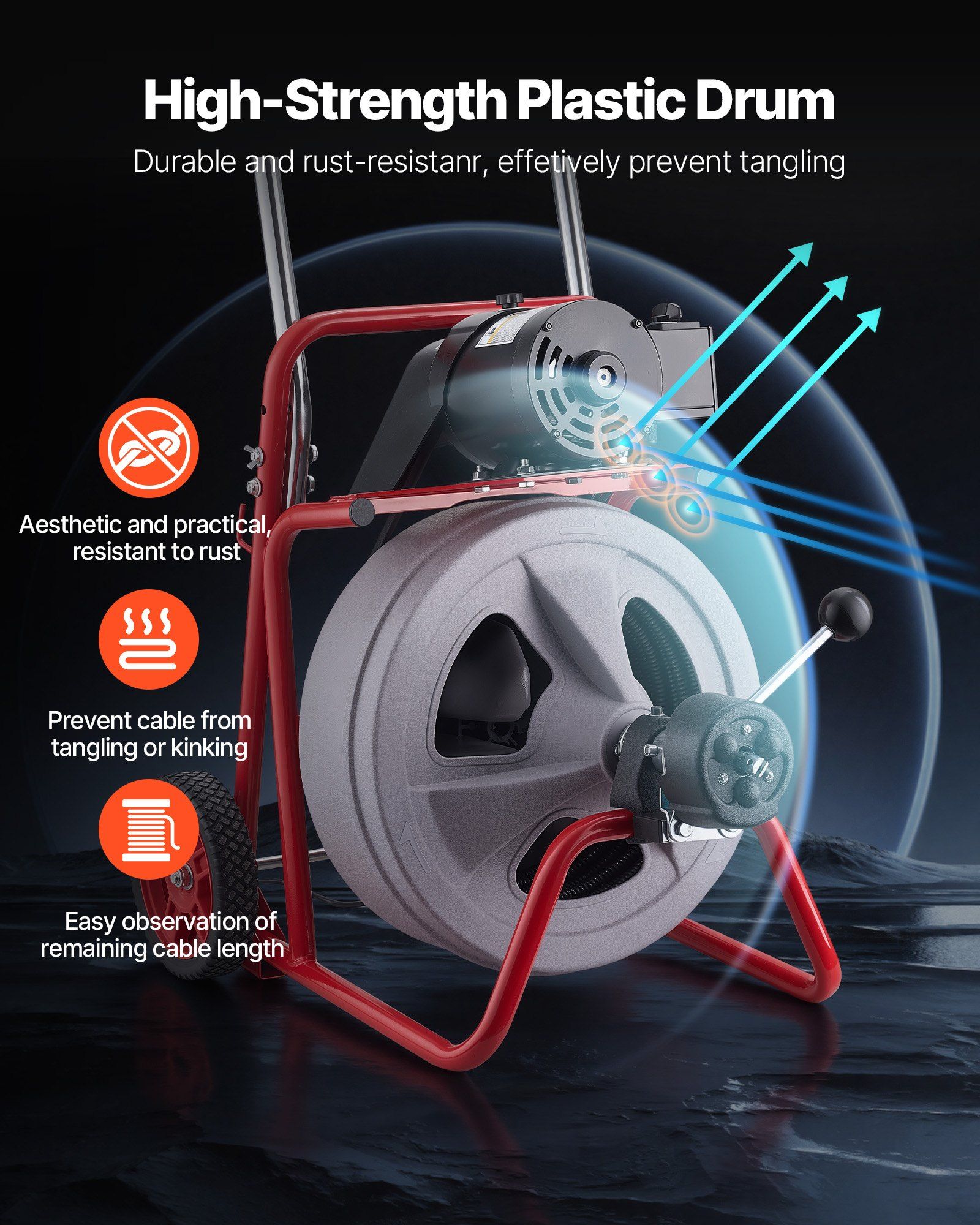 Drain Cleaner Machine 22m x 13mm, Auto Feed Sewer Snake Drain Auger on Wheels, Portable Drain Cleaning Machine with 8 Cutters & Air-Activated Foot Switch for 50mm to 150mm Pipes - Image 4