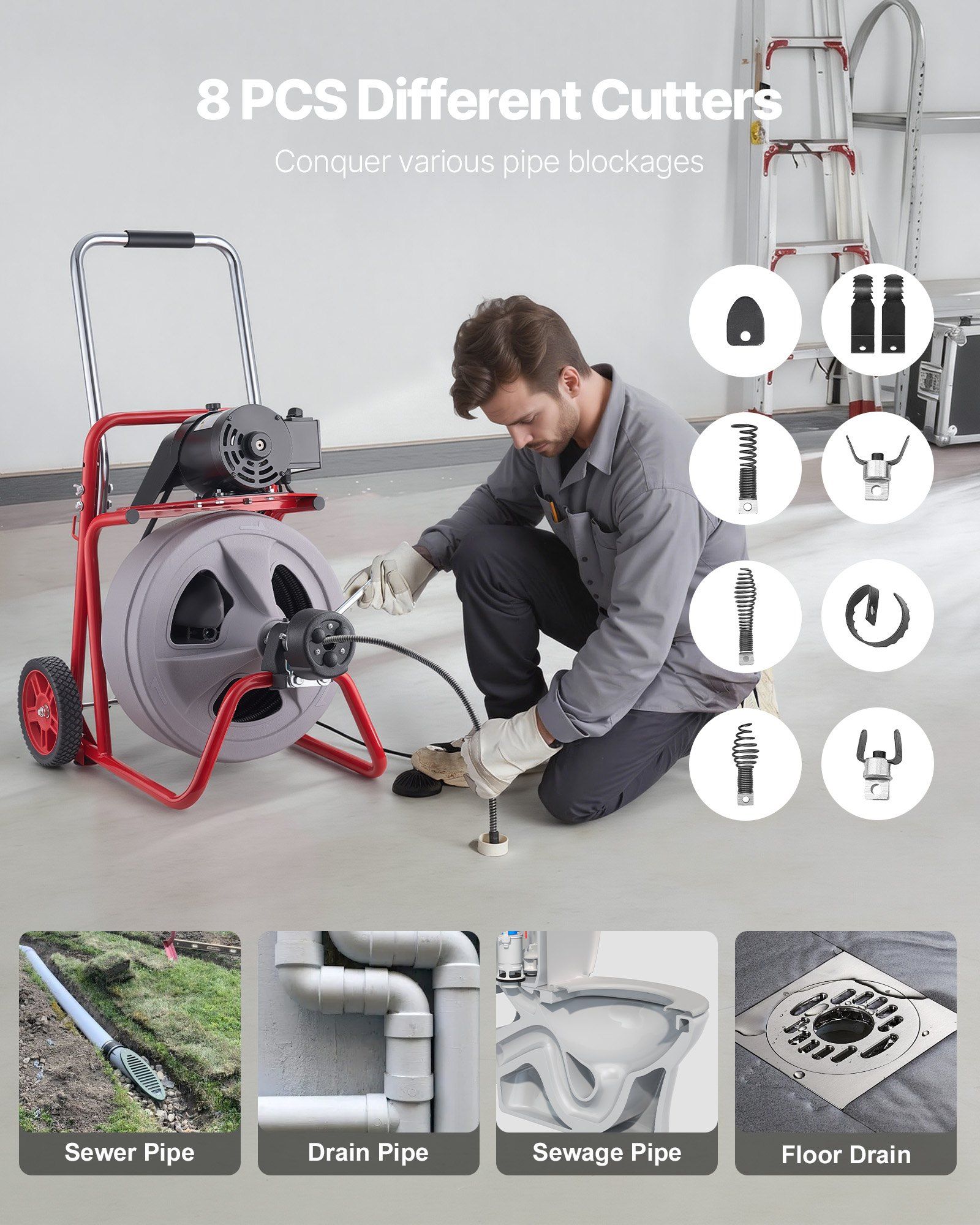 Drain Cleaner Machine 22m x 13mm, Auto Feed Sewer Snake Drain Auger on Wheels, Portable Drain Cleaning Machine with 8 Cutters & Air-Activated Foot Switch for 50mm to 150mm Pipes - Image 5