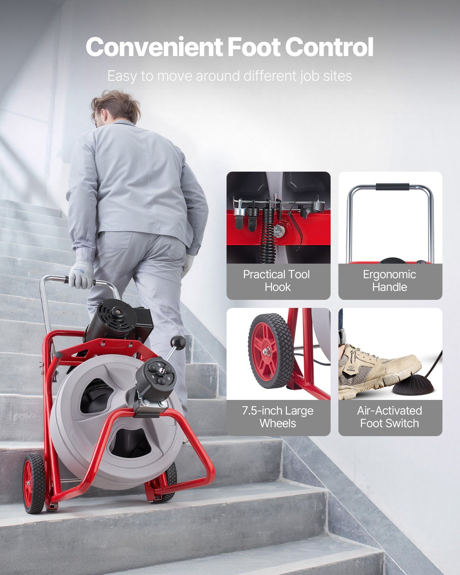 Drain Cleaner Machine 22m x 13mm, Auto Feed Sewer Snake Drain Auger on Wheels, Portable Drain Cleaning Machine with 8 Cutters & Air-Activated Foot Switch for 50mm to 150mm Pipes - Image 6
