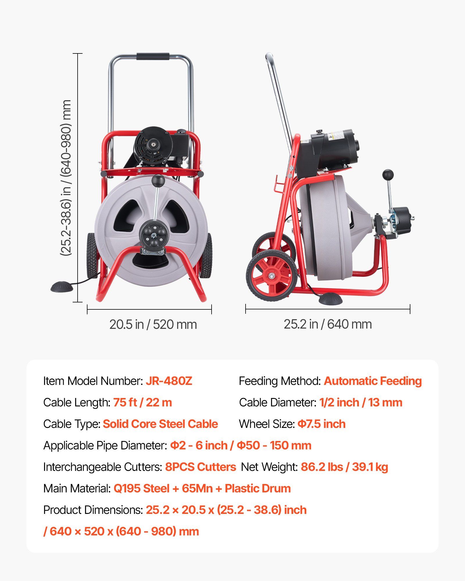 Drain Cleaner Machine 22m x 13mm, Auto Feed Sewer Snake Drain Auger on Wheels, Portable Drain Cleaning Machine with 8 Cutters & Air-Activated Foot Switch for 50mm to 150mm Pipes - Image 7
