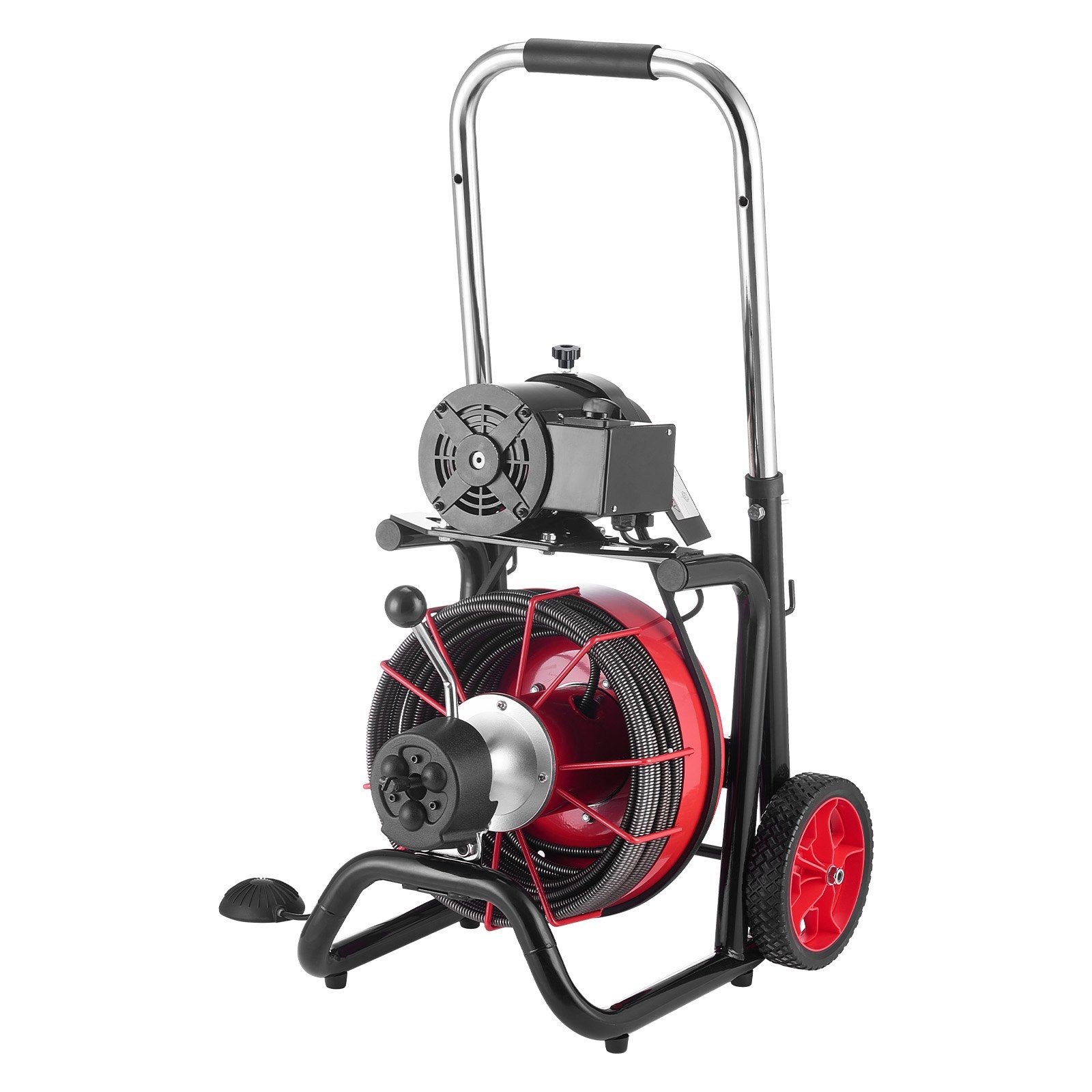 Drain Cleaner Machine 30m x 13mm, Auto Feed Sewer Snake Auger on Wheels - with 8 Cutters & Air-Activated Foot Switch for 50mm to 150mm Pipes - Image 1