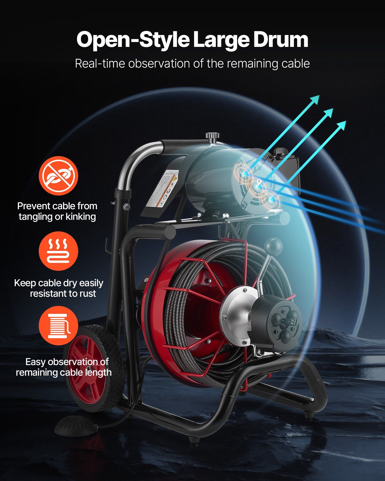 Drain Cleaner Machine 30m x 13mm, Auto Feed Sewer Snake Auger on Wheels - with 8 Cutters & Air-Activated Foot Switch for 50mm to 150mm Pipes - Image 4