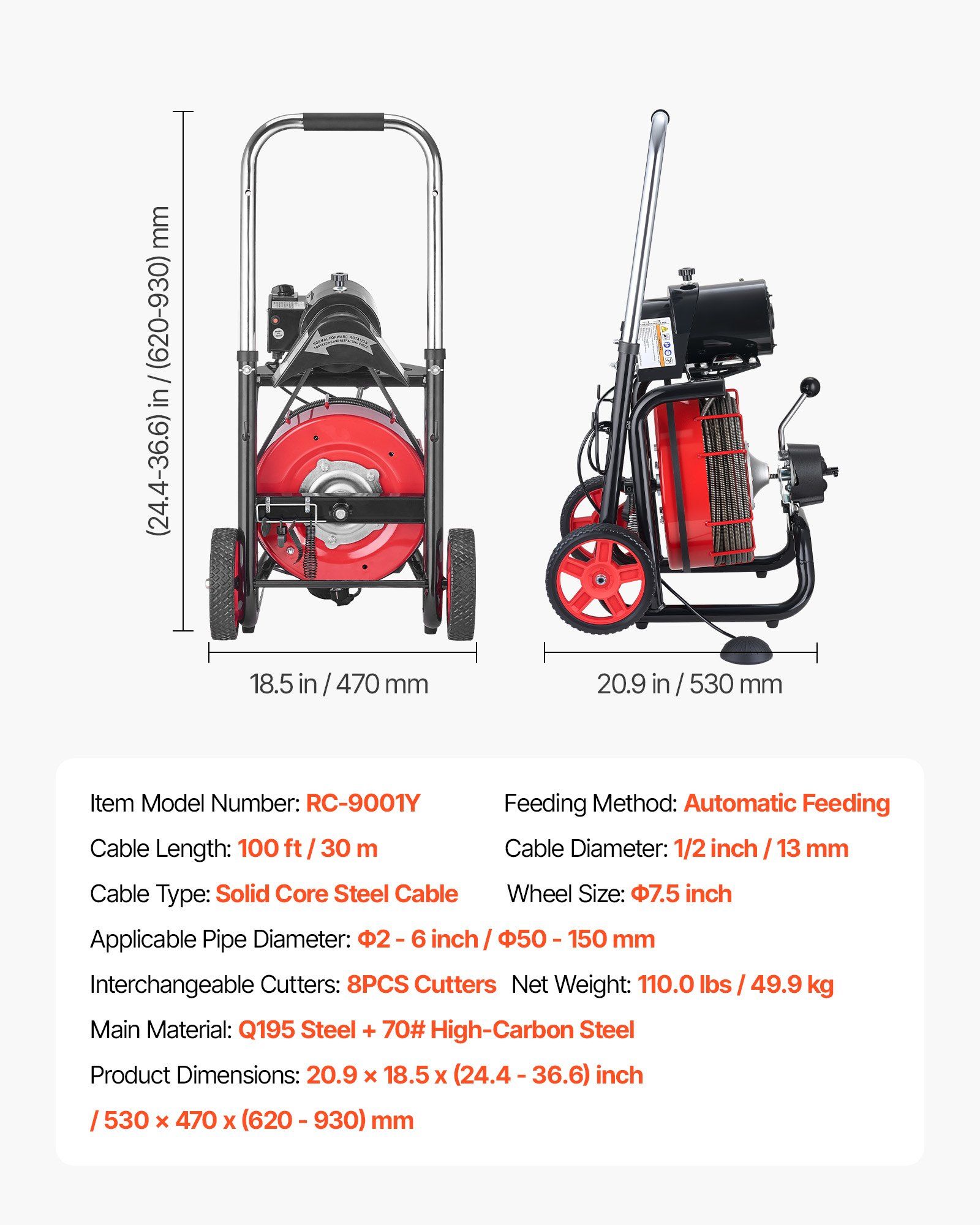 Drain Cleaner Machine 30m x 13mm, Auto Feed Sewer Snake Auger on Wheels - with 8 Cutters & Air-Activated Foot Switch for 50mm to 150mm Pipes - Image 7