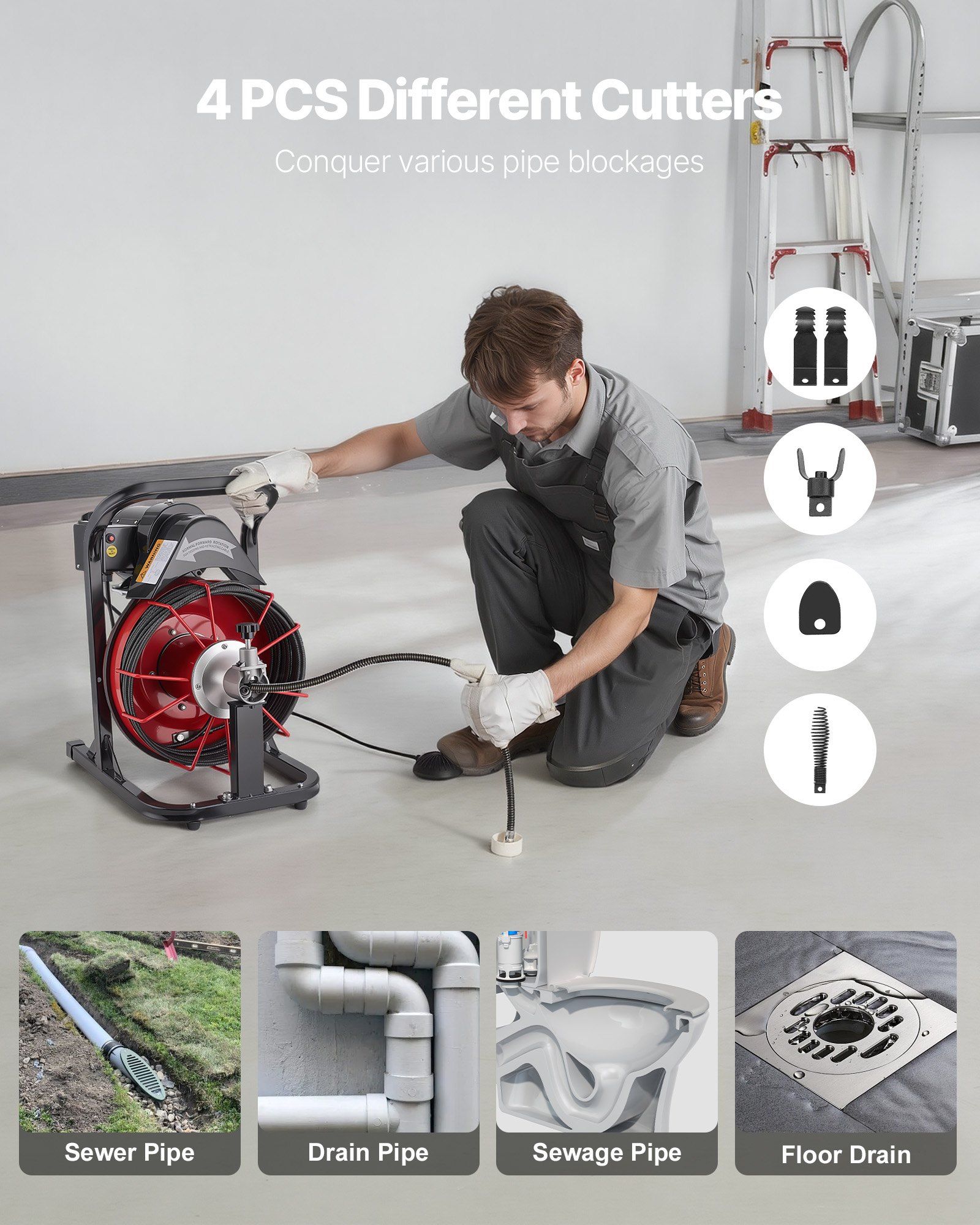 Drain Cleaner Machine 15m x 8mm, Auto Feed Sewer Snake Auger with 4 Cutters & Air-activated Foot Switch for 50mm to 100mm Pipes - Image 5