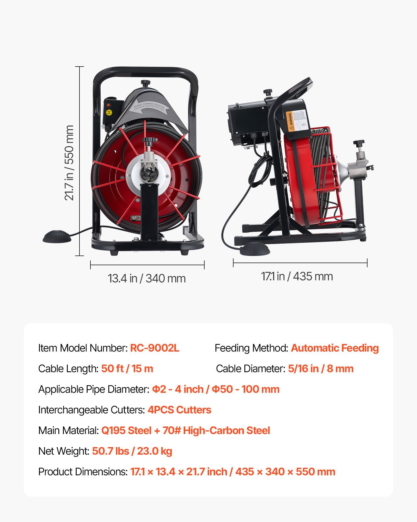 Drain Cleaner Machine 15m x 8mm, Auto Feed Sewer Snake Auger with 4 Cutters & Air-activated Foot Switch for 50mm to 100mm Pipes - Image 7