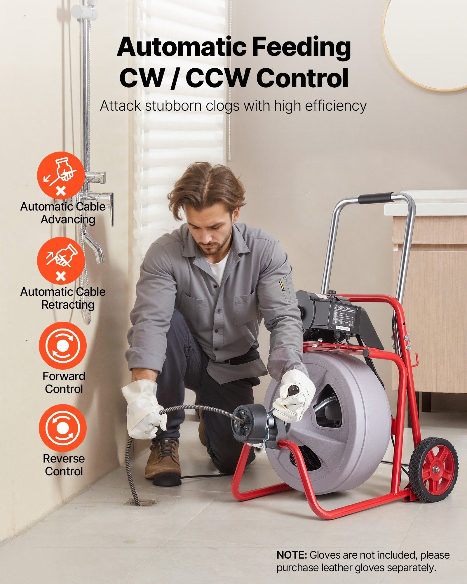 Drain Cleaner Machine 30m x 13mm, Auto Feed Sewer Snake Drain Auger on Wheels, Portable Drain Cleaning Machine with 8 Cutters & Air-Activated Foot Switch for 50mm to 150mm Pipes - Image 2