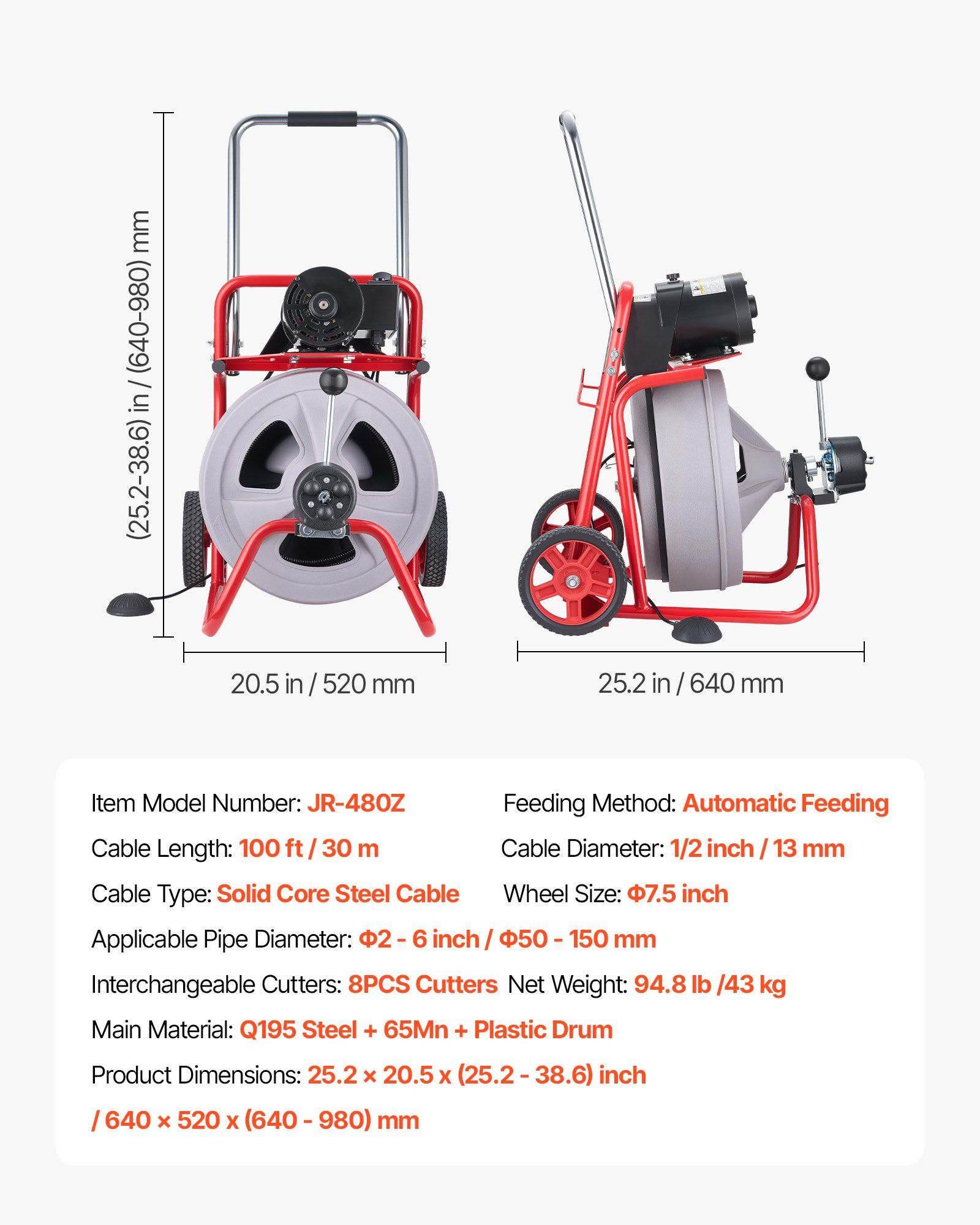 Drain Cleaner Machine 30m x 13mm, Auto Feed Sewer Snake Drain Auger on Wheels, Portable Drain Cleaning Machine with 8 Cutters & Air-Activated Foot Switch for 50mm to 150mm Pipes - Image 7
