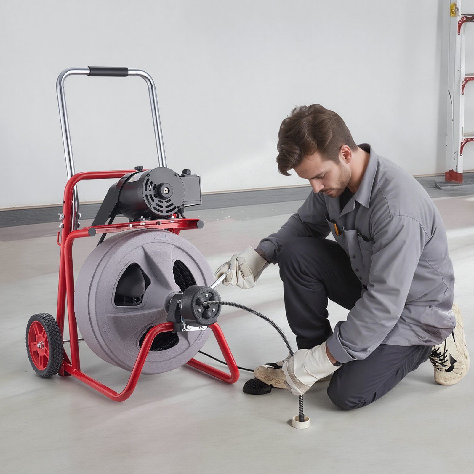 Drain Cleaner Machine 30m x 13mm, Auto Feed Sewer Snake Drain Auger on Wheels, Portable Drain Cleaning Machine with 8 Cutters & Air-Activated Foot Switch for 50mm to 150mm Pipes - Image 8