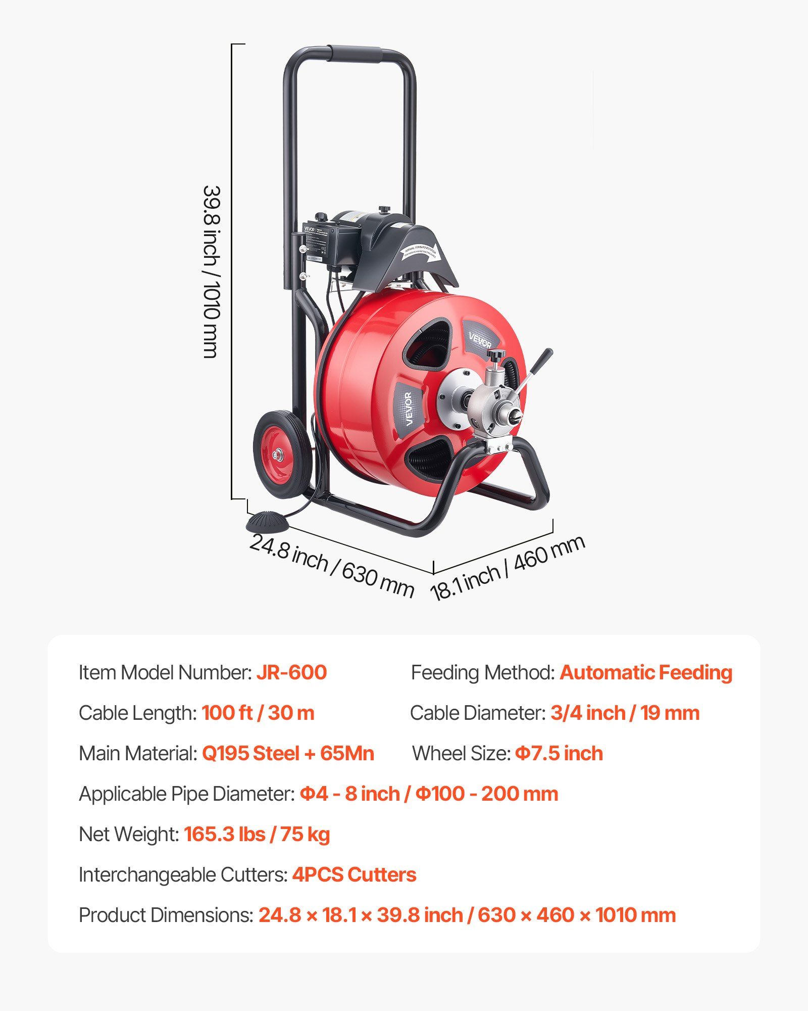 Drain Cleaner Machine 30m x 19mm, Auto Feed Sewer Snake Auger on Wheels, Portable Drain Cleaning Machine with 4 Cutters & Air-activated Foot Switch for 100mm to 200mm Pipes - Image 7