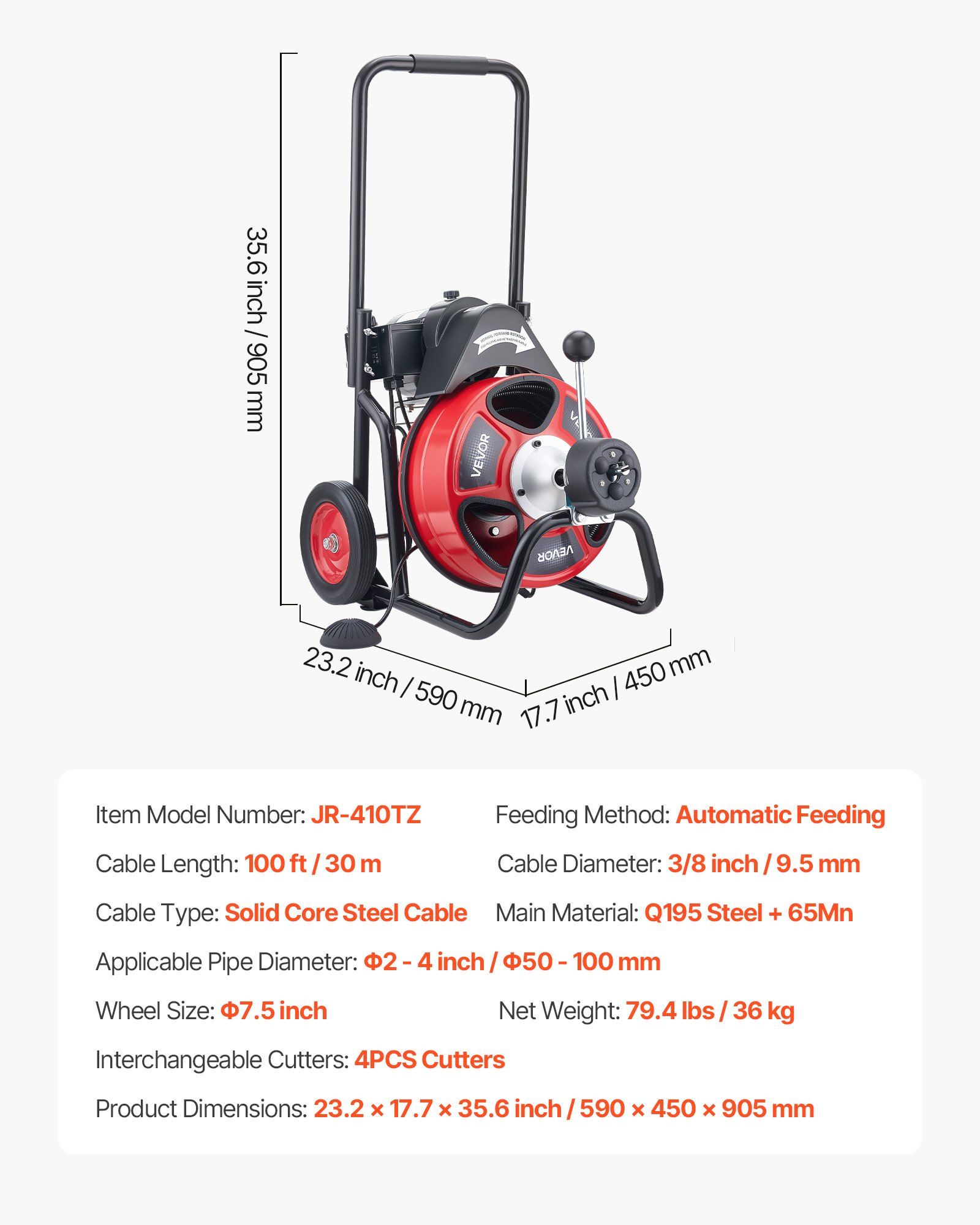 Drain Cleaner Machine 30m x 9.5mm, Auto Feed Sewer Snake Auger on Wheels, Portable Drain Cleaning Machine with 4 Cutters & Air-activated Foot Switch for 50mm to 100mm Pipes - Image 7