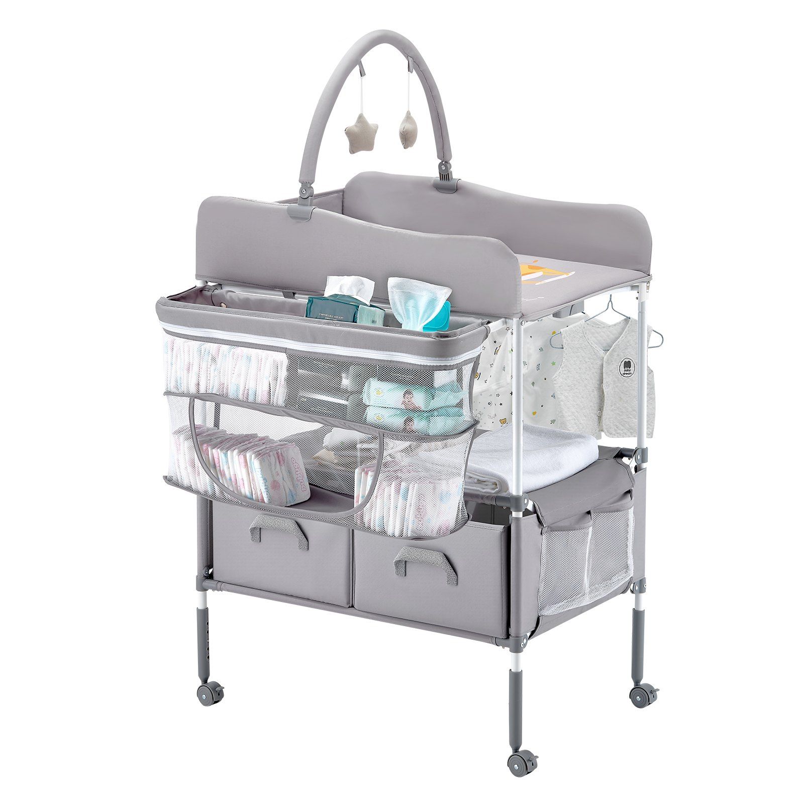 Baby Changing Table, Foldable Diaper Change Station with 2 Fabric Drawers, Side Basket & Hanging Rod, Adjustable Height Portable Changing Table with Lockable Wheels & 2 Star Toys, Light Gray - Image 1