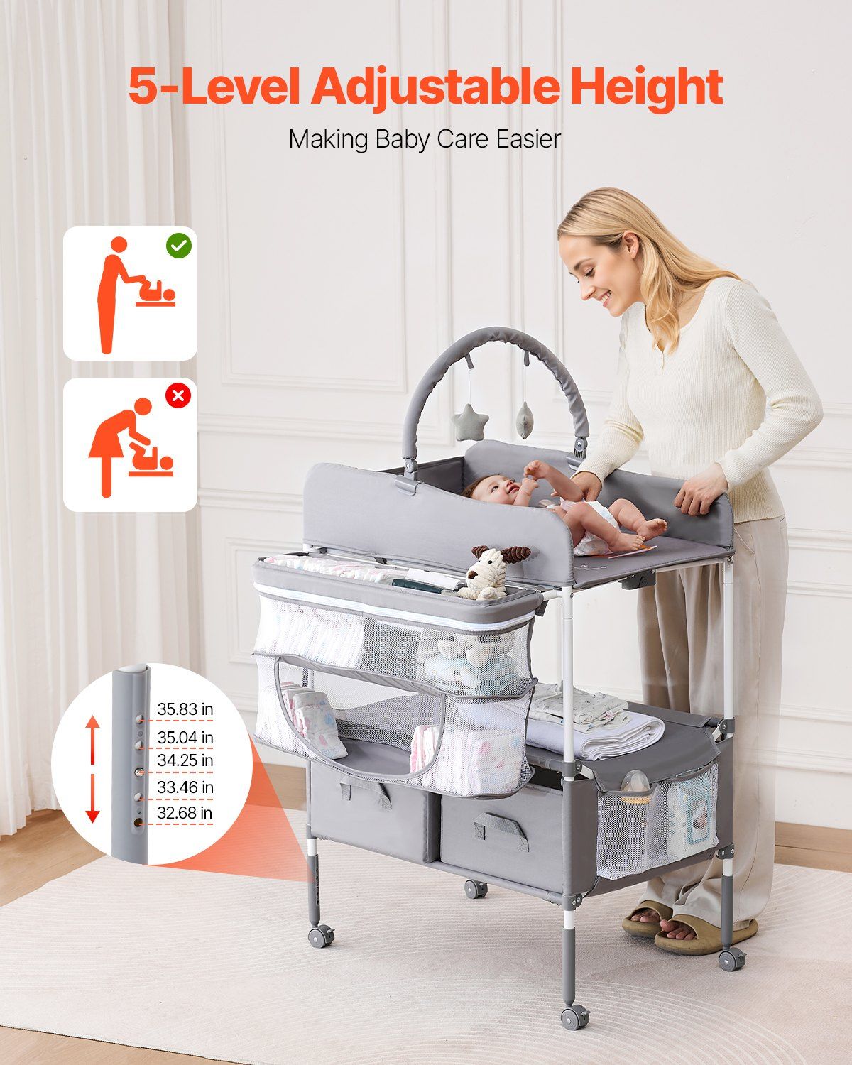 Baby Changing Table, Foldable Diaper Change Station with 2 Fabric Drawers, Side Basket & Hanging Rod, Adjustable Height Portable Changing Table with Lockable Wheels & 2 Star Toys, Light Gray - Image 2