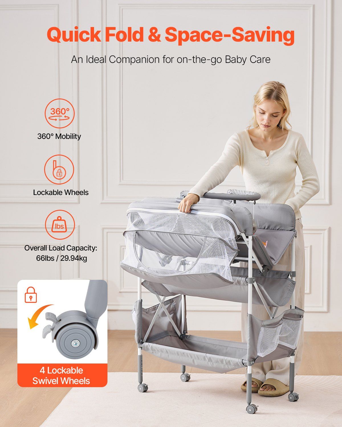 Baby Changing Table, Foldable Diaper Change Station with 2 Fabric Drawers, Side Basket & Hanging Rod, Adjustable Height Portable Changing Table with Lockable Wheels & 2 Star Toys, Light Gray - Image 3