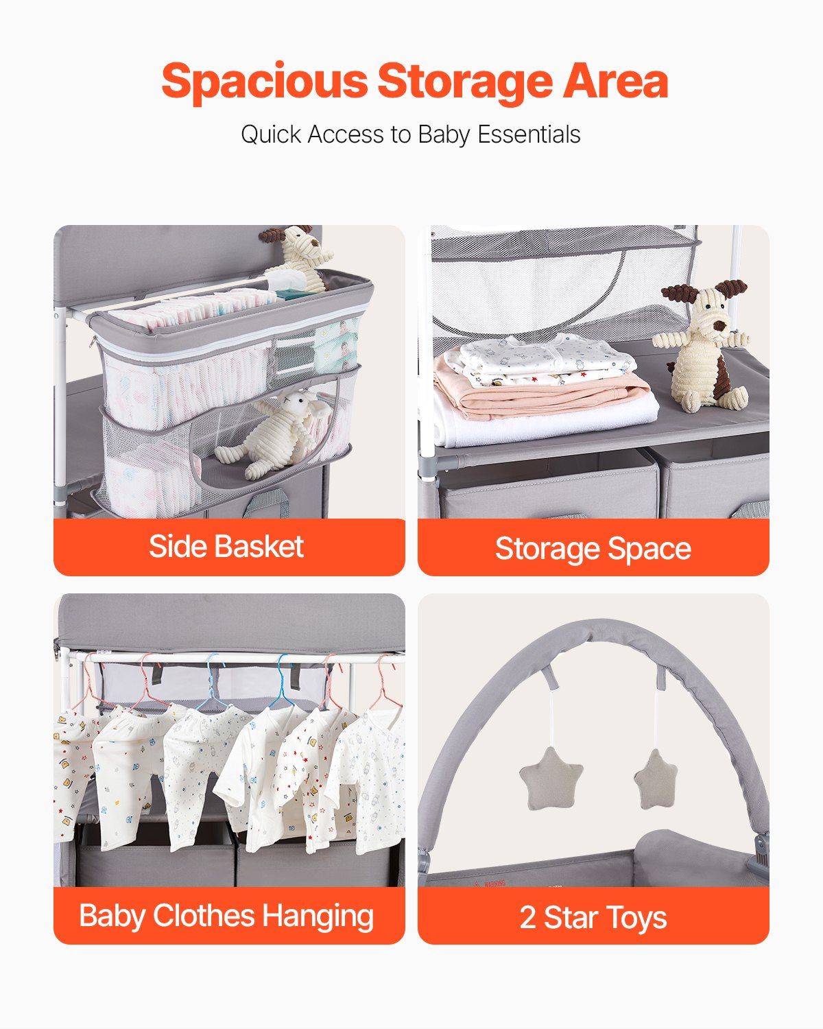 Baby Changing Table, Foldable Diaper Change Station with 2 Fabric Drawers, Side Basket & Hanging Rod, Adjustable Height Portable Changing Table with Lockable Wheels & 2 Star Toys, Light Gray - Image 4
