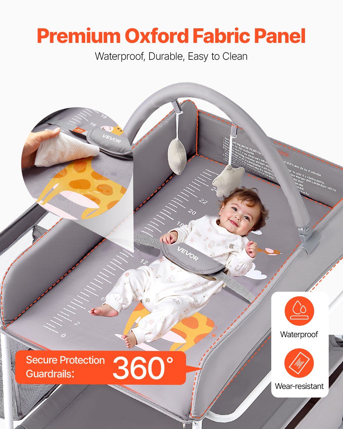 Baby Changing Table, Foldable Diaper Change Station with 2 Fabric Drawers, Side Basket & Hanging Rod, Adjustable Height Portable Changing Table with Lockable Wheels & 2 Star Toys, Light Gray - Image 5