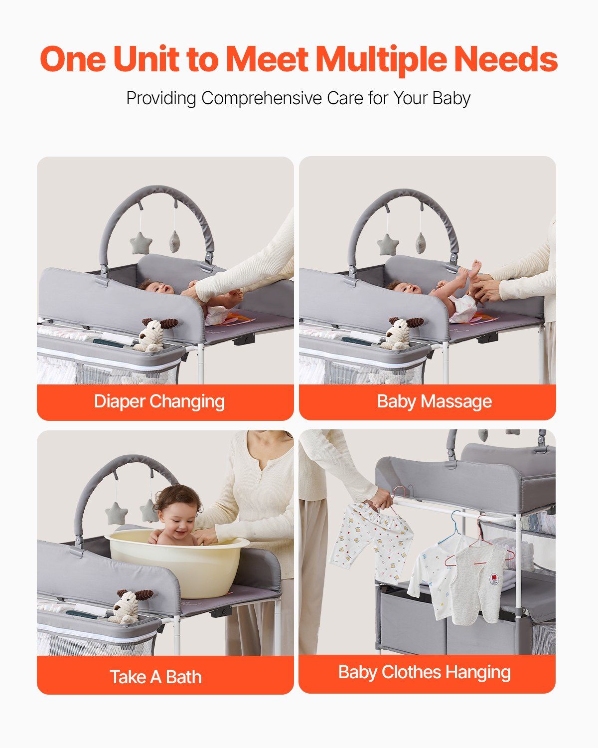 Baby Changing Table, Foldable Diaper Change Station with 2 Fabric Drawers, Side Basket & Hanging Rod, Adjustable Height Portable Changing Table with Lockable Wheels & 2 Star Toys, Light Gray - Image 6