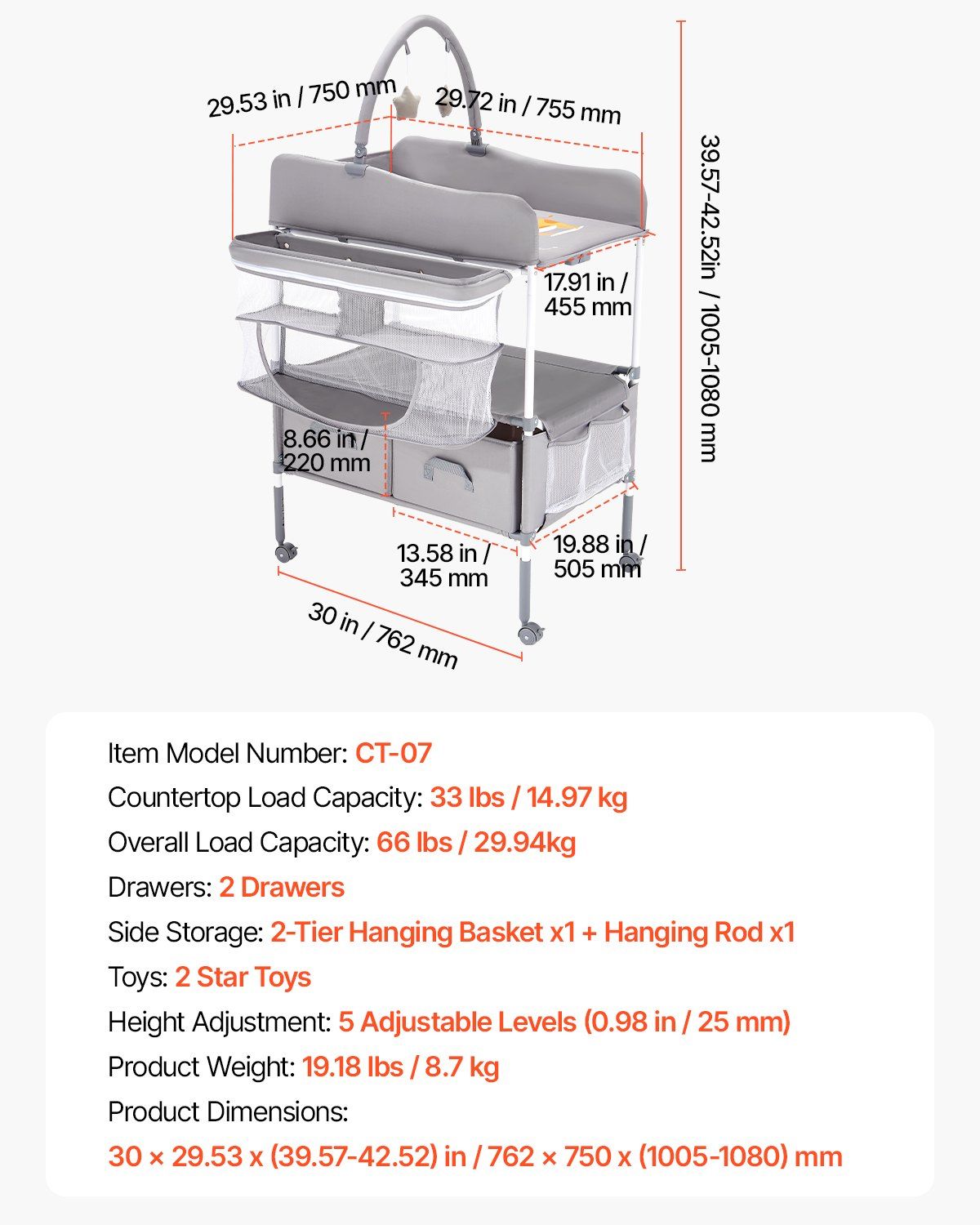 Baby Changing Table, Foldable Diaper Change Station with 2 Fabric Drawers, Side Basket & Hanging Rod, Adjustable Height Portable Changing Table with Lockable Wheels & 2 Star Toys, Light Gray - Image 7
