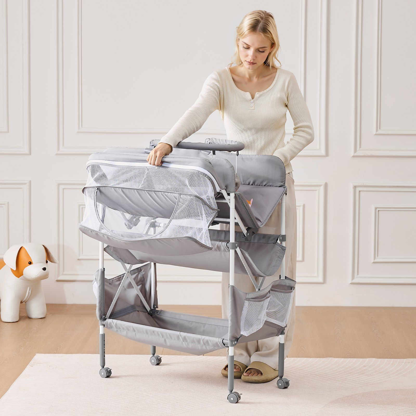 Baby Changing Table, Foldable Diaper Change Station with 2 Fabric Drawers, Side Basket & Hanging Rod, Adjustable Height Portable Changing Table with Lockable Wheels & 2 Star Toys, Light Gray - Image 8
