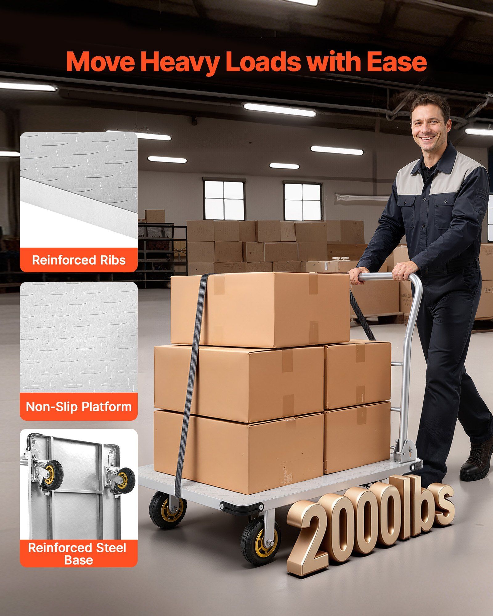 Platform Truck, 907.18 kg Capacity, Heavy Duty Steel Flatbed Cart with Swivel Wheels and Handle, Foldable Platform Hand Push Truck Dolly, for Groceries, Garage, Warehouse, 900 x 600 x 900 mm - Image 2