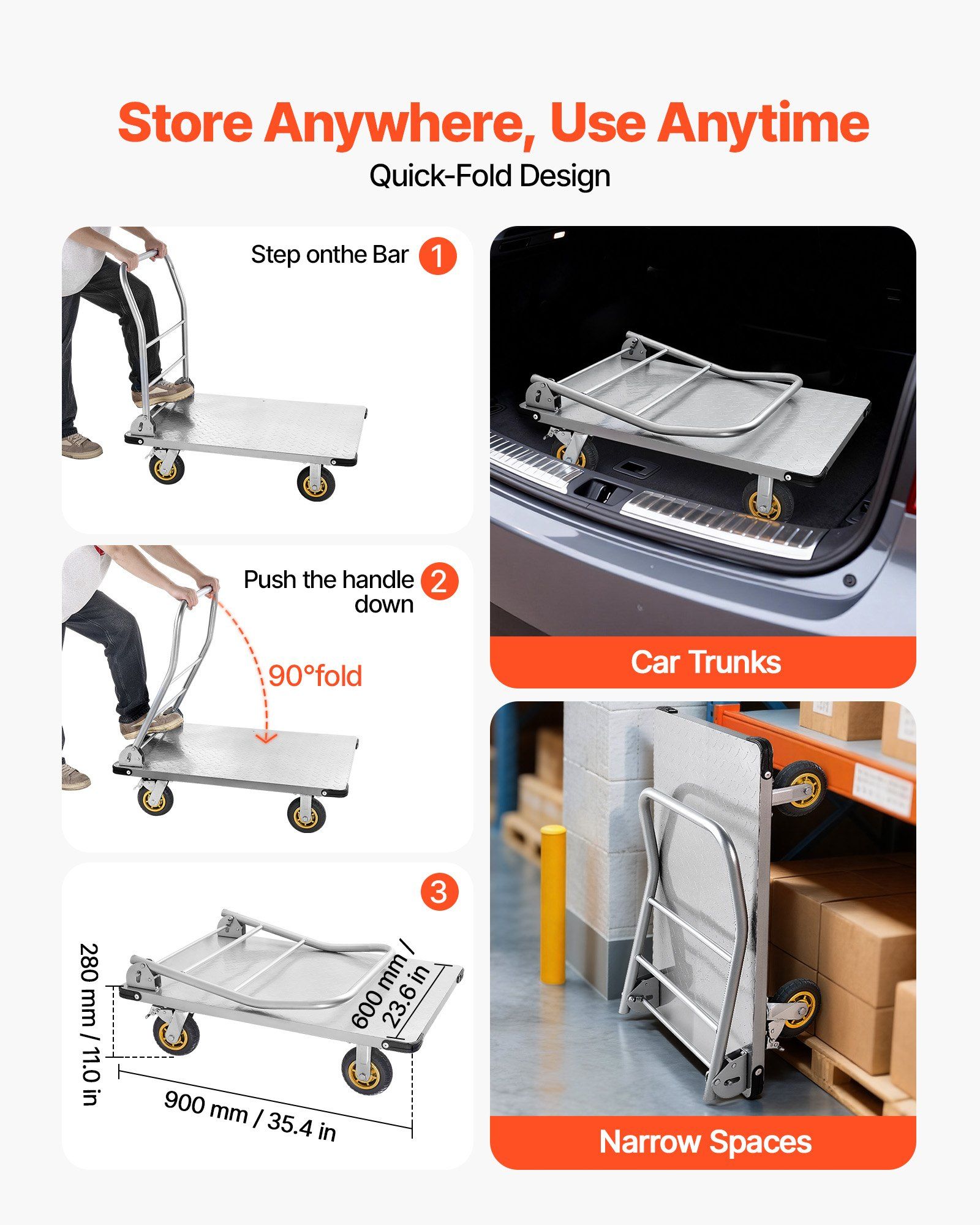 Platform Truck, 907.18 kg Capacity, Heavy Duty Steel Flatbed Cart with Swivel Wheels and Handle, Foldable Platform Hand Push Truck Dolly, for Groceries, Garage, Warehouse, 900 x 600 x 900 mm - Image 4