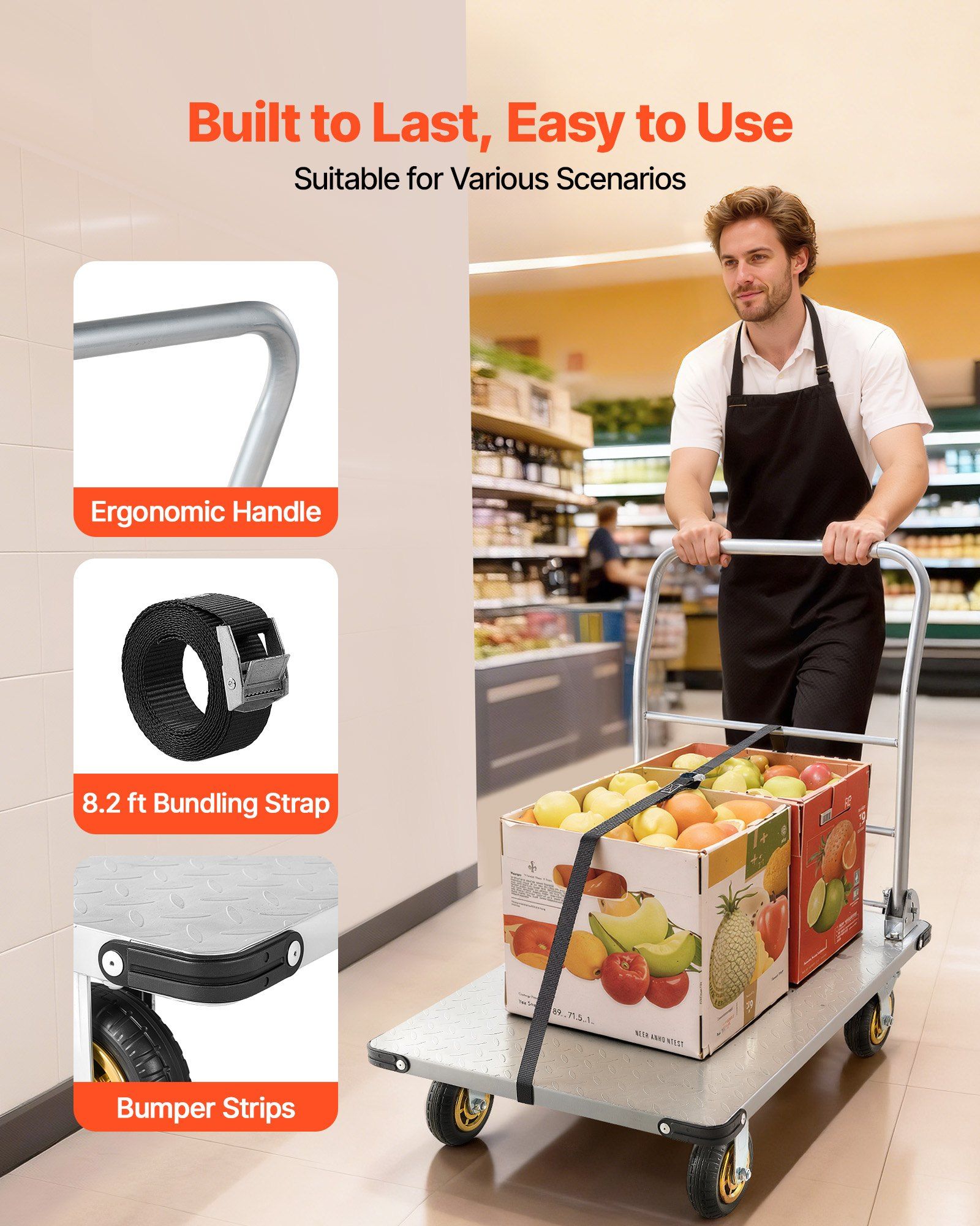 Platform Truck, 907.18 kg Capacity, Heavy Duty Steel Flatbed Cart with Swivel Wheels and Handle, Foldable Platform Hand Push Truck Dolly, for Groceries, Garage, Warehouse, 900 x 600 x 900 mm - Image 5