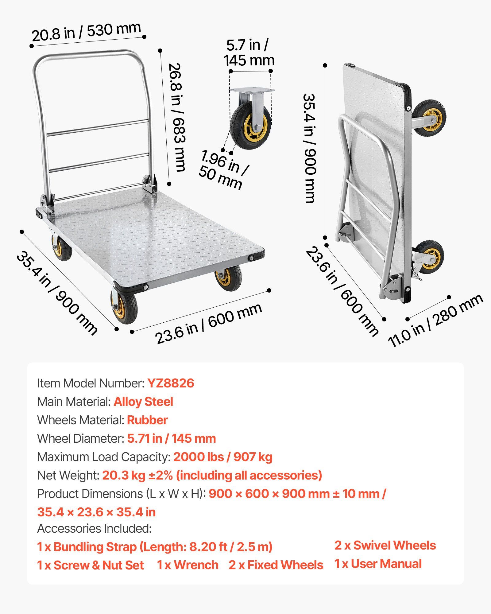 Platform Truck, 907.18 kg Capacity, Heavy Duty Steel Flatbed Cart with Swivel Wheels and Handle, Foldable Platform Hand Push Truck Dolly, for Groceries, Garage, Warehouse, 900 x 600 x 900 mm - Image 7