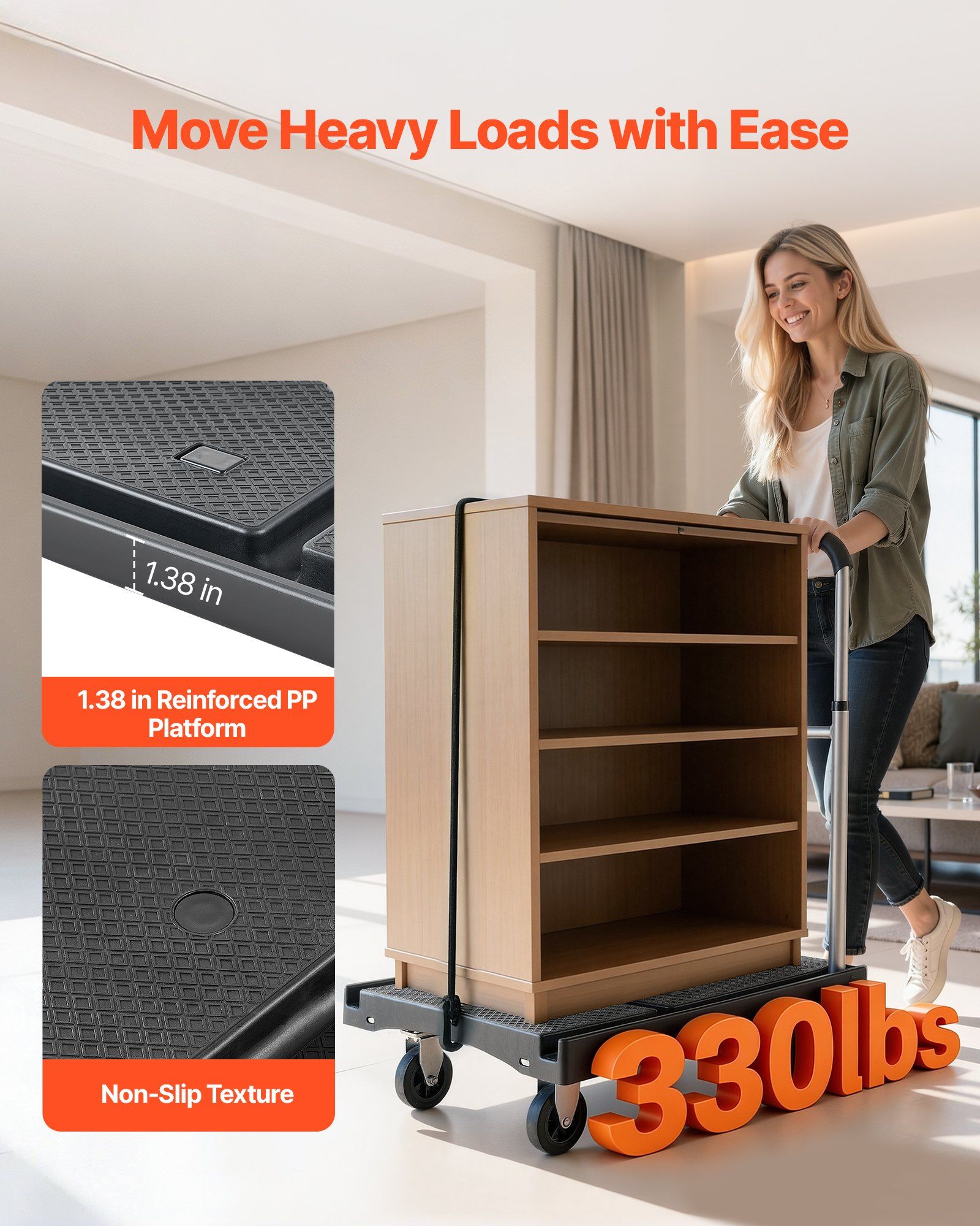Foldable Push Cart Dolly, 149.69 kg Capacity, Folding Platform Truck with Swivel Wheels, Moving Platform Hand Truck Flatbed Cart, Adjustable Push Handle, for Easy Storage, 680 x 495 x 115 mm - Image 2