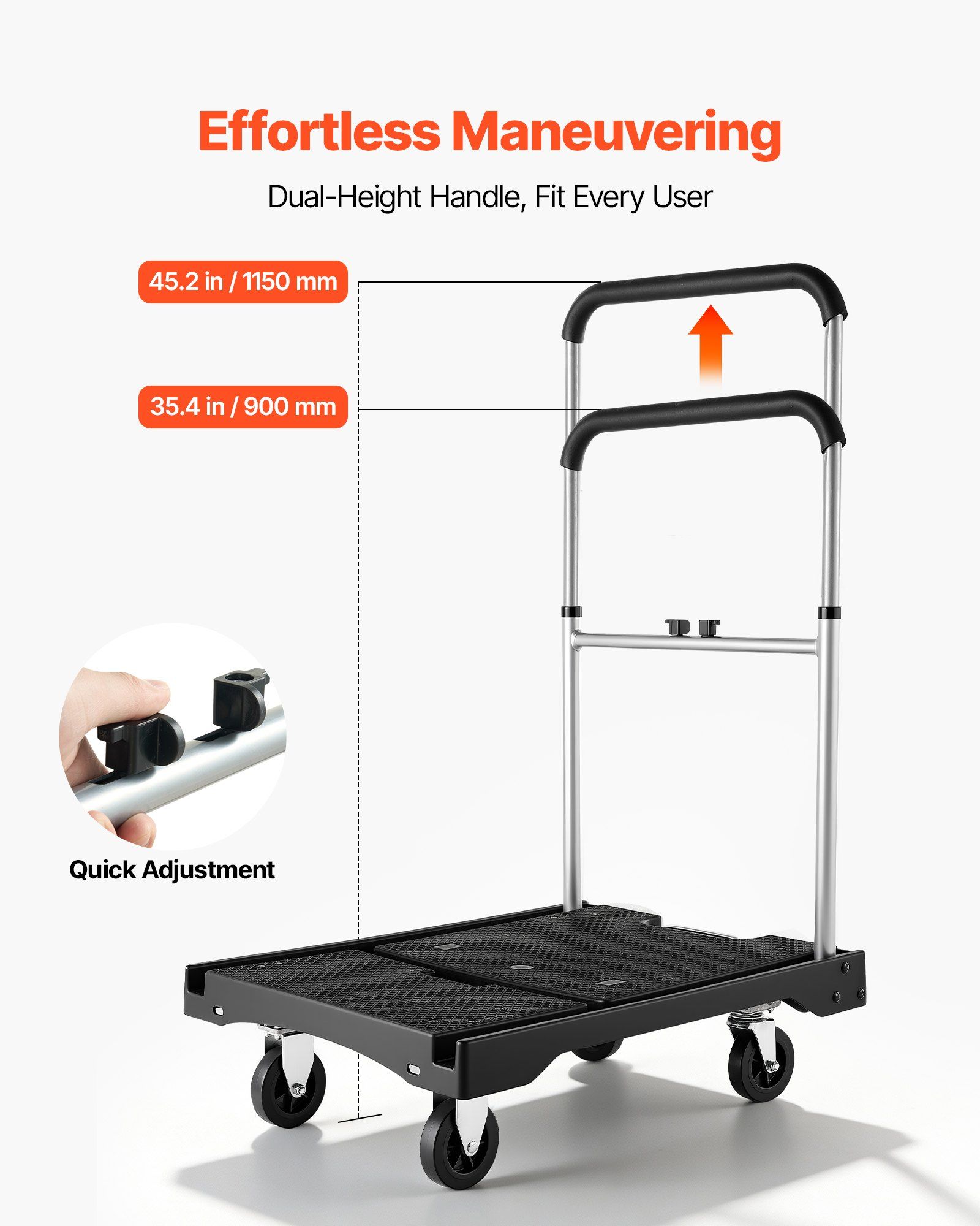 Foldable Push Cart Dolly, 149.69 kg Capacity, Folding Platform Truck with Swivel Wheels, Moving Platform Hand Truck Flatbed Cart, Adjustable Push Handle, for Easy Storage, 680 x 495 x 115 mm - Image 5
