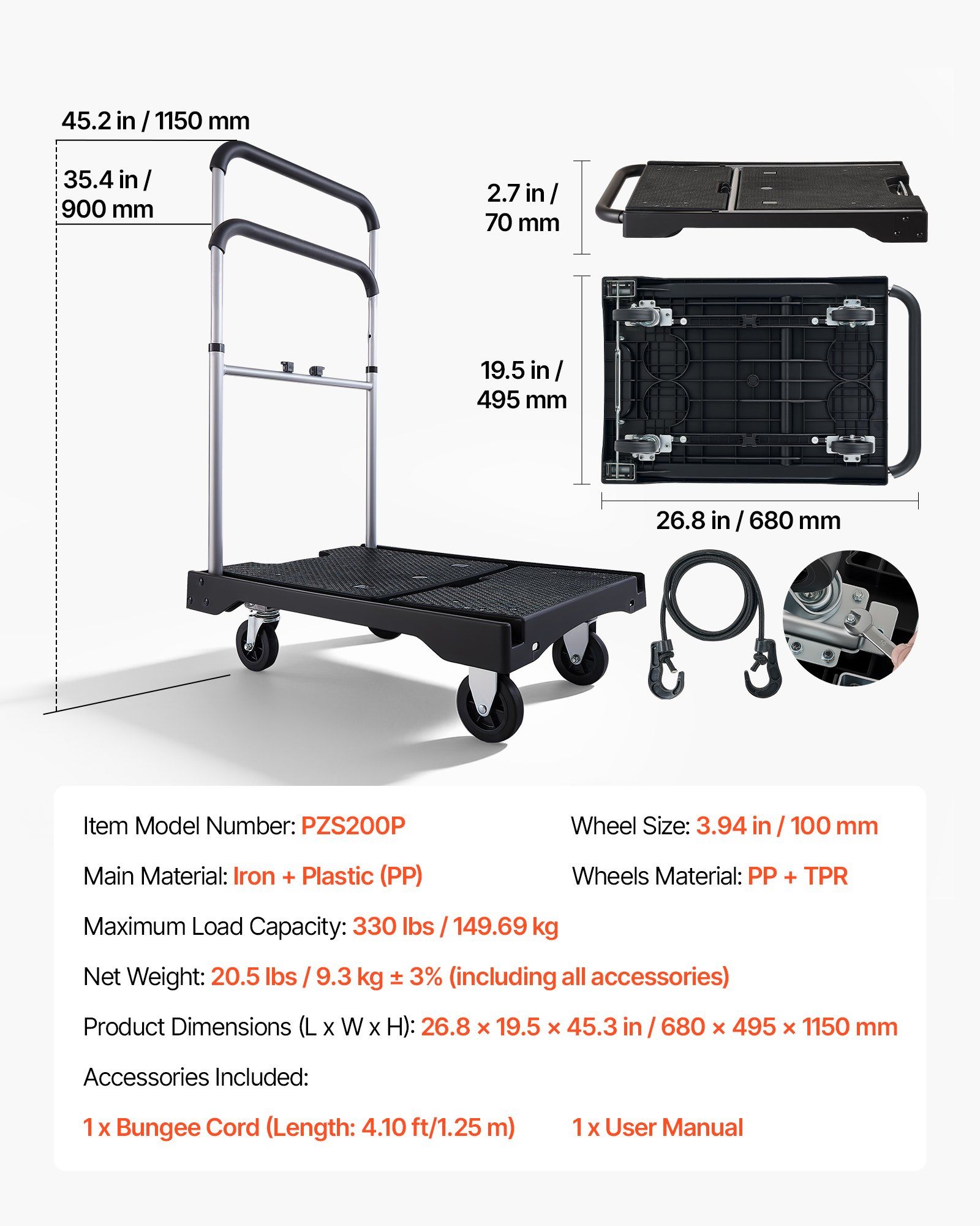 Foldable Push Cart Dolly, 149.69 kg Capacity, Folding Platform Truck with Swivel Wheels, Moving Platform Hand Truck Flatbed Cart, Adjustable Push Handle, for Easy Storage, 680 x 495 x 115 mm - Image 7